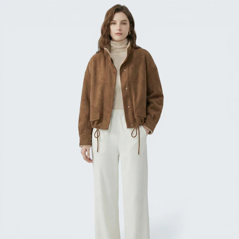 Veste Courte en Suédine avec Moumoute - Blouson Style Aviateur Douillet