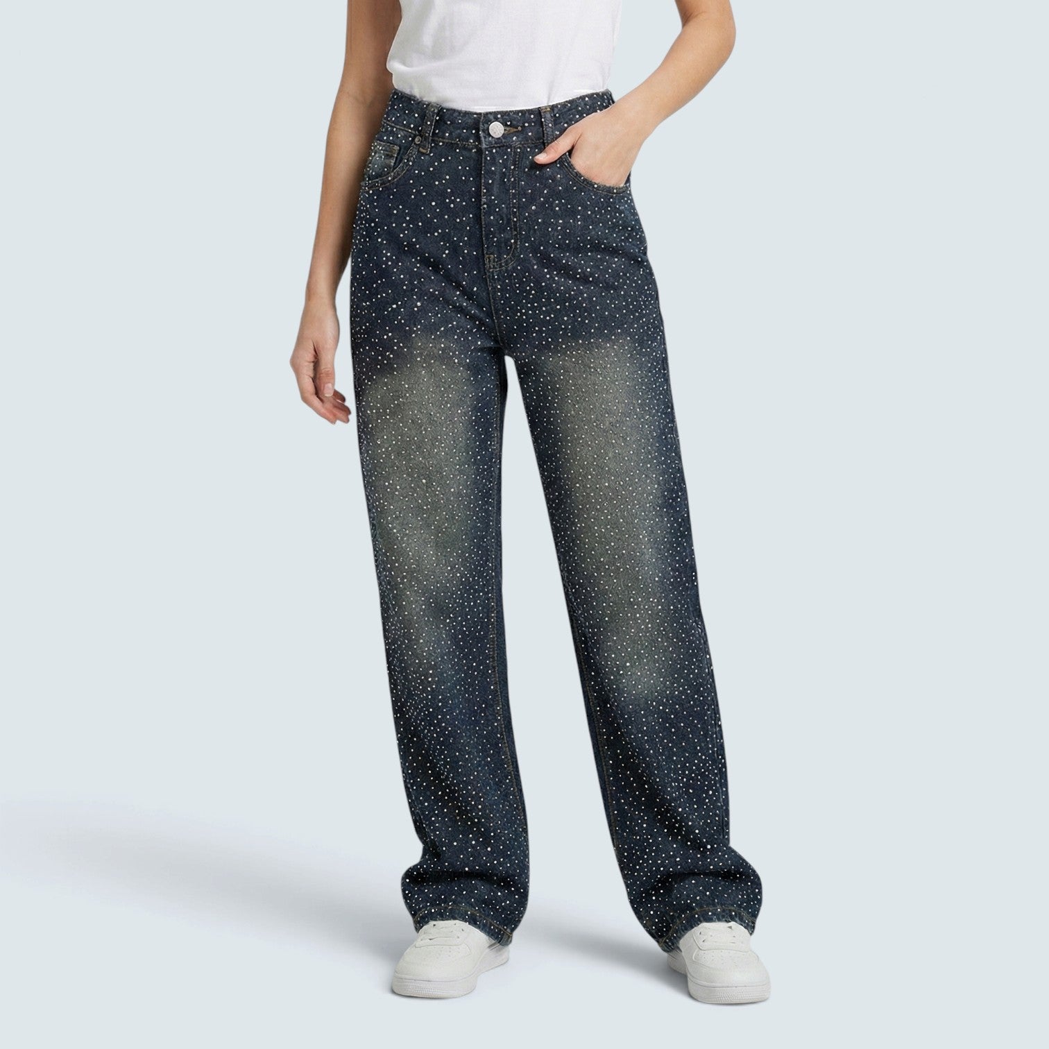 Jean Wide Leg "Pluie de Strass" – Denim Droit à Finition Bijou