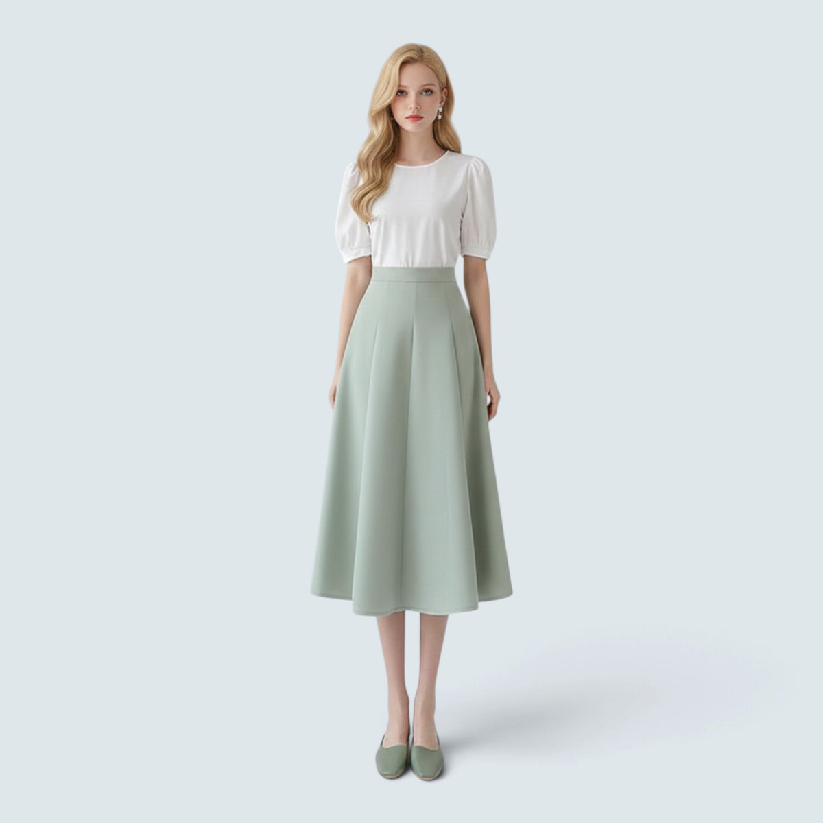 Jupe Midi Évasée à Panneaux – Taille Haute et Style Minimaliste