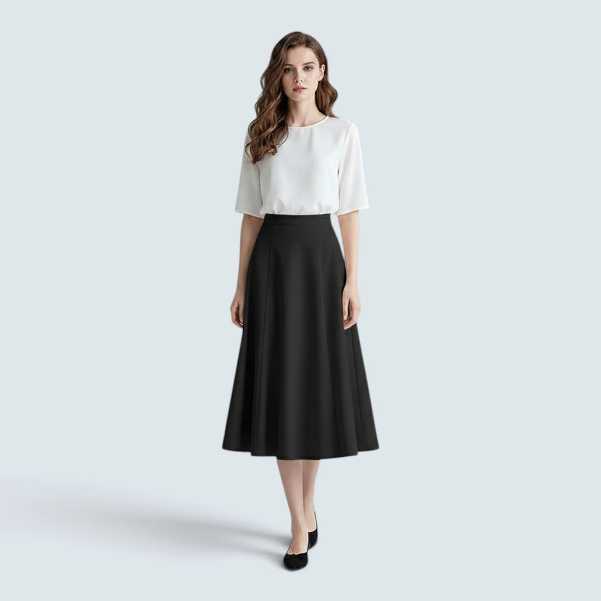 Jupe Midi Évasée à Panneaux – Taille Haute et Style Minimaliste
