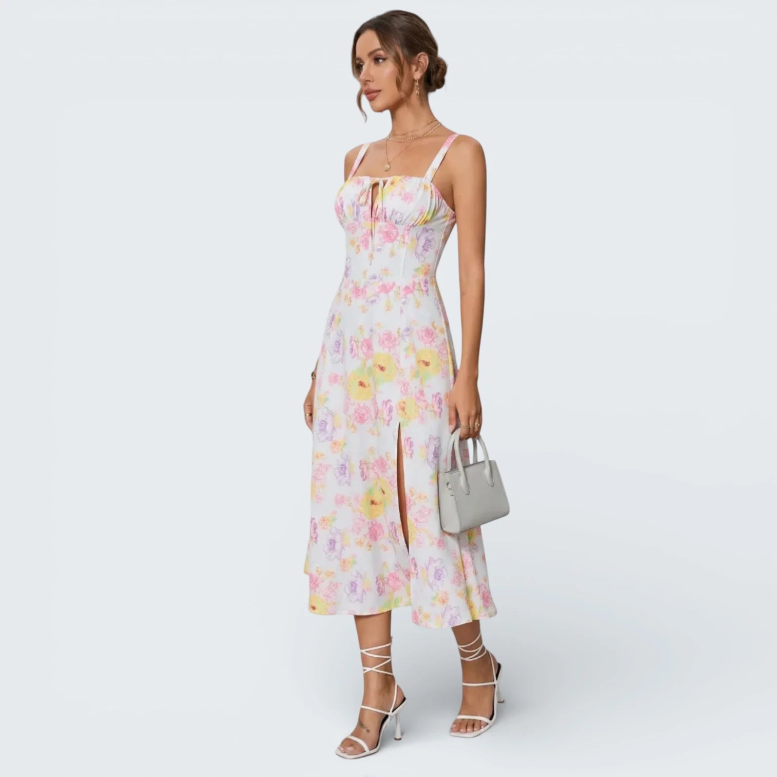 Robe Midi Fleurie Style Corset - Robe d'Été Romantique avec Fente Latérale