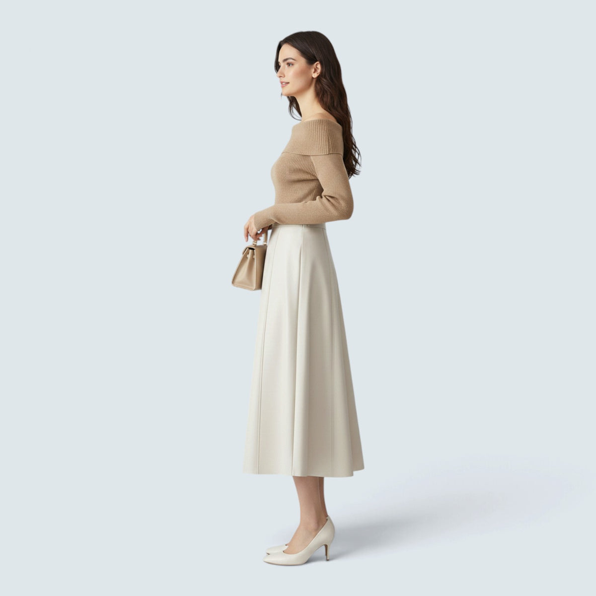 Jupe Midi Effet Cuir Taille Haute – Coupe Évasée Élégante