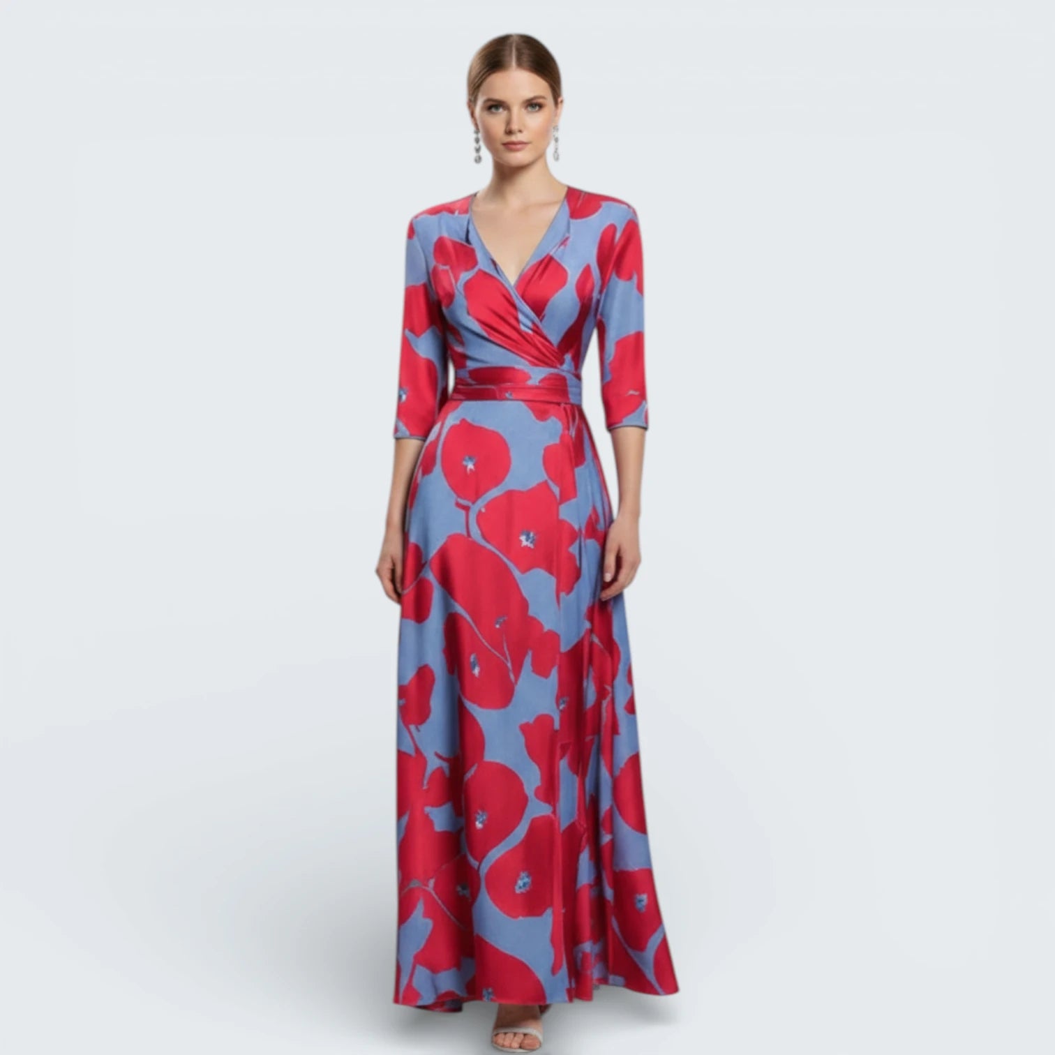 Robe Longue Portefeuille Imprimé Artistique - Robe Bohème Chic à Manches 3/4