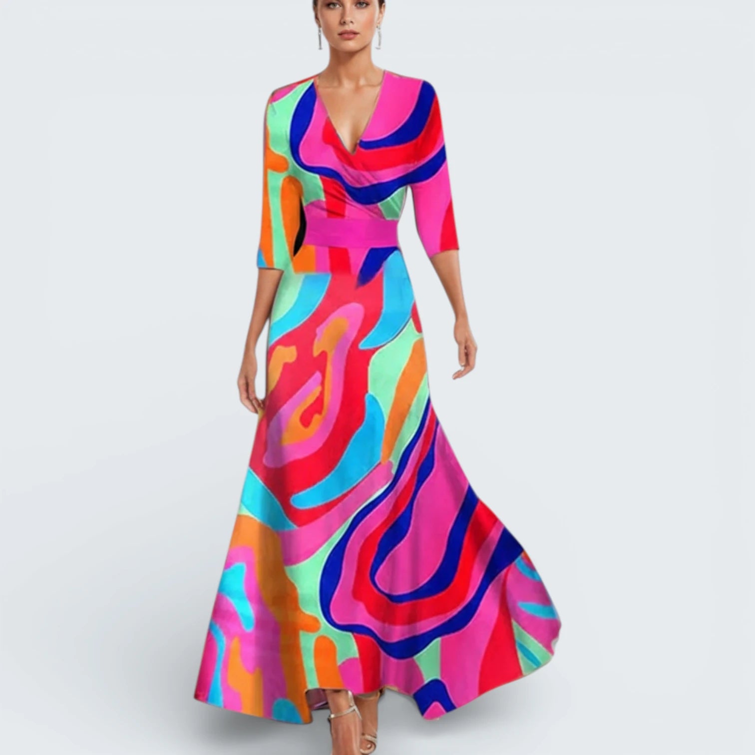 Robe Longue Portefeuille Imprimé Artistique - Robe Bohème Chic à Manches 3/4