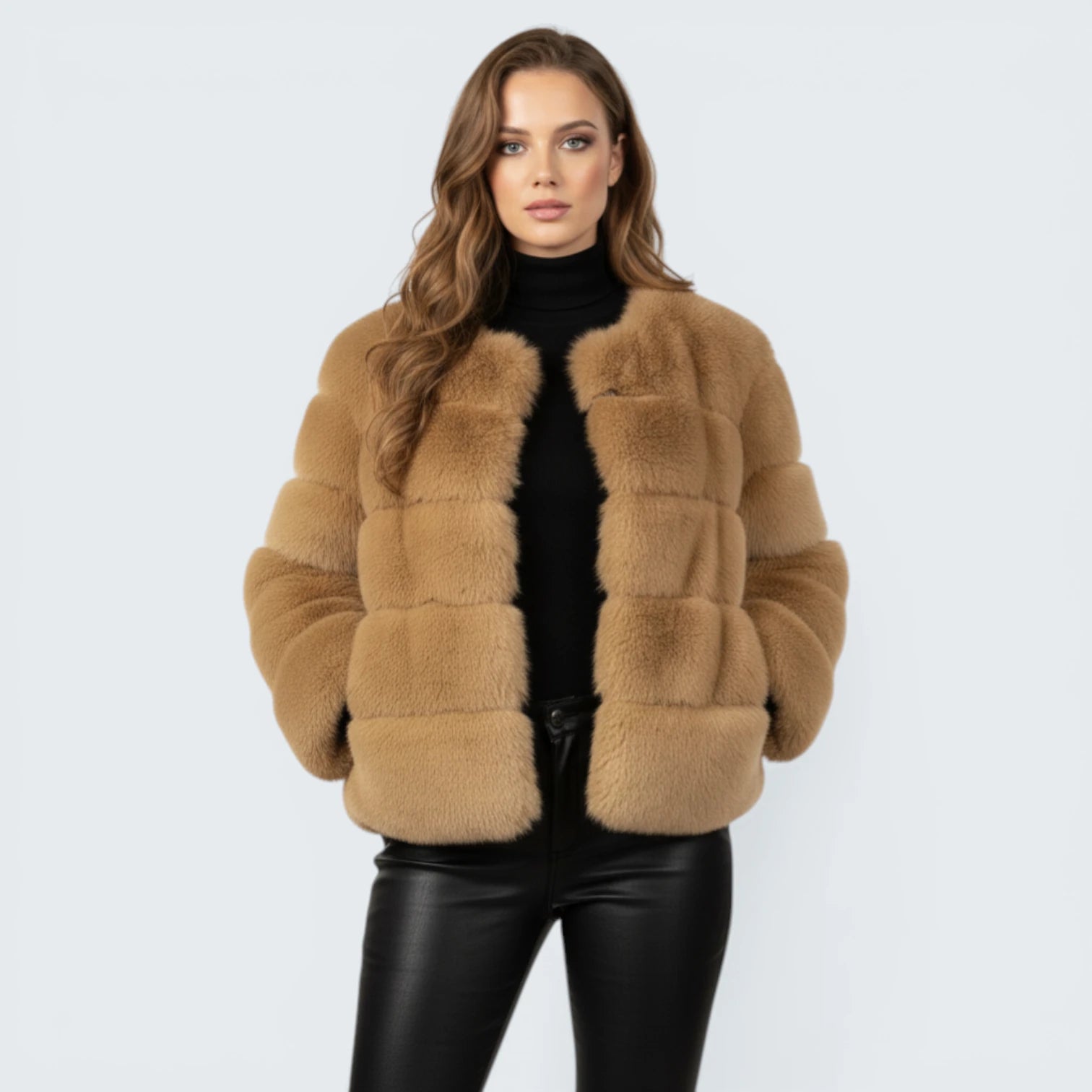Veste Courte en Fausse Fourrure de Luxe - Manteau Chic Sans Col à Bandes Horizontales