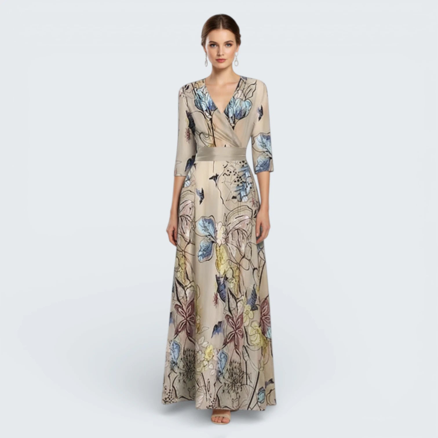 Robe Longue Portefeuille Imprimé Artistique - Robe Bohème Chic à Manches 3/4