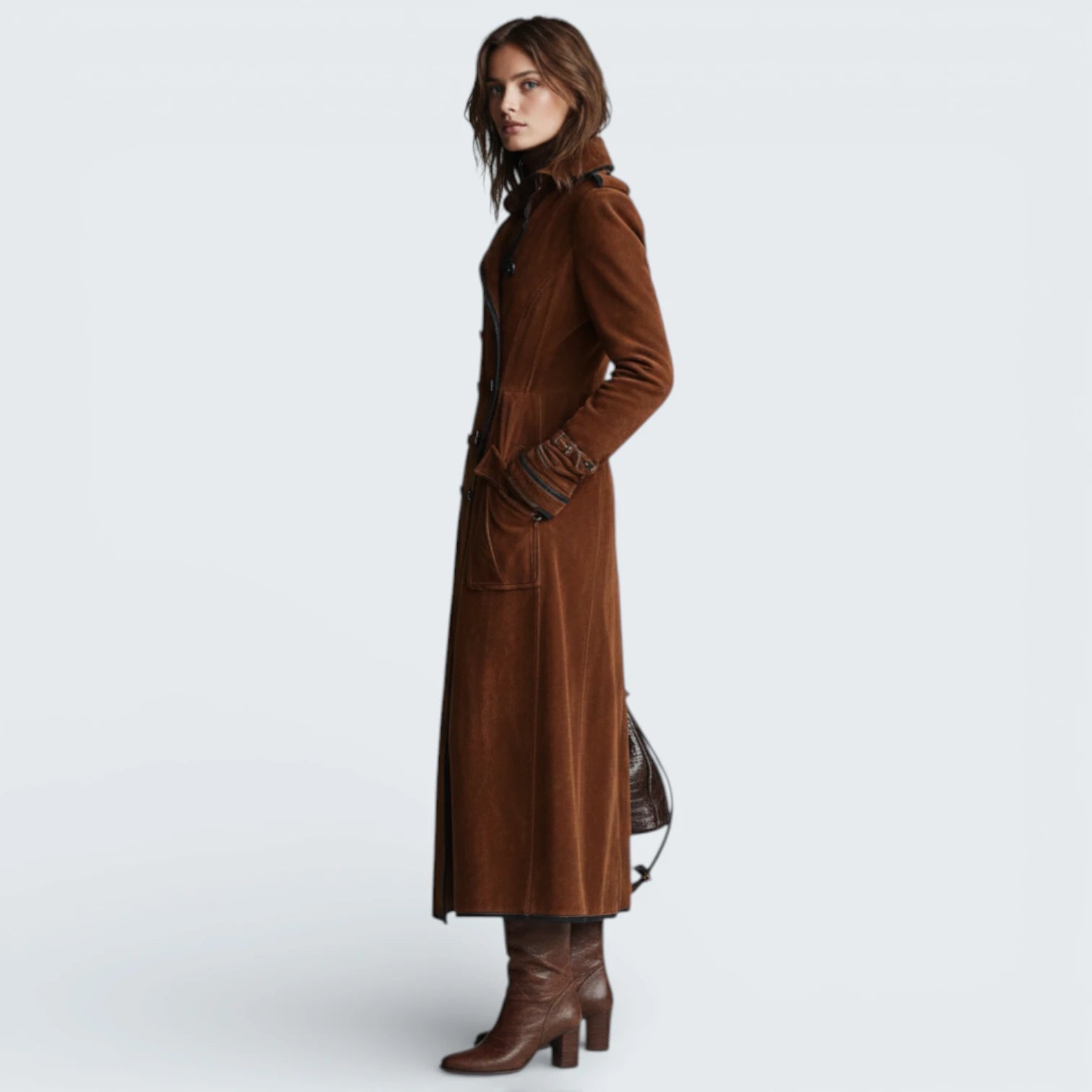 Trench-Coat Long Effet Daim avec Liserés Contrastants - Gabardine Élégante à Double Boutonnage