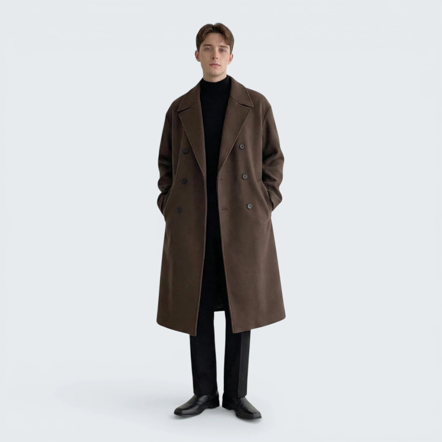 Manteau Long en Laine à Double Boutonnage – Silhouette Structurée et Élégance Classique