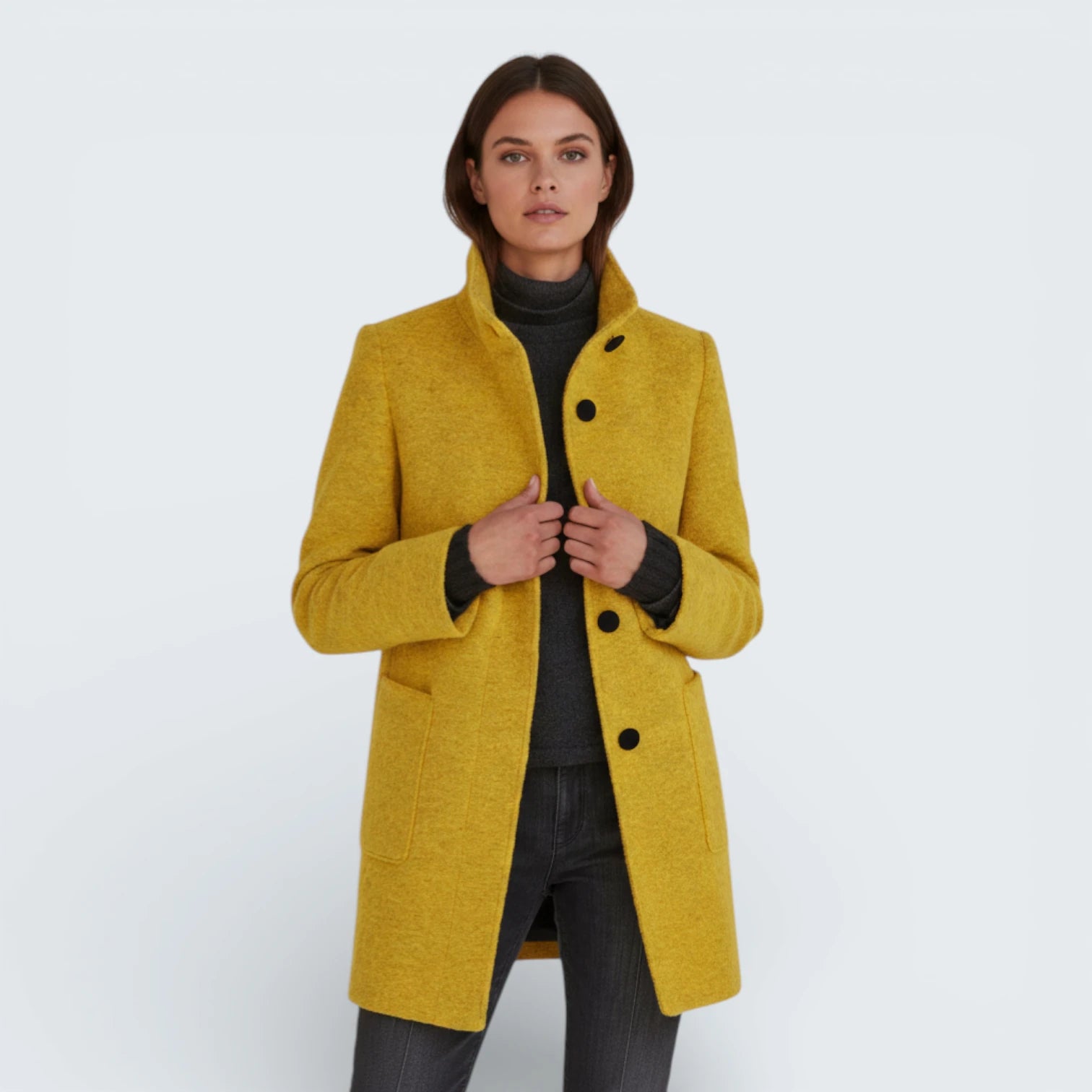 Manteau Midi Effet Laine avec Col Montant - Caban Élégant aux Boutons Contrastés