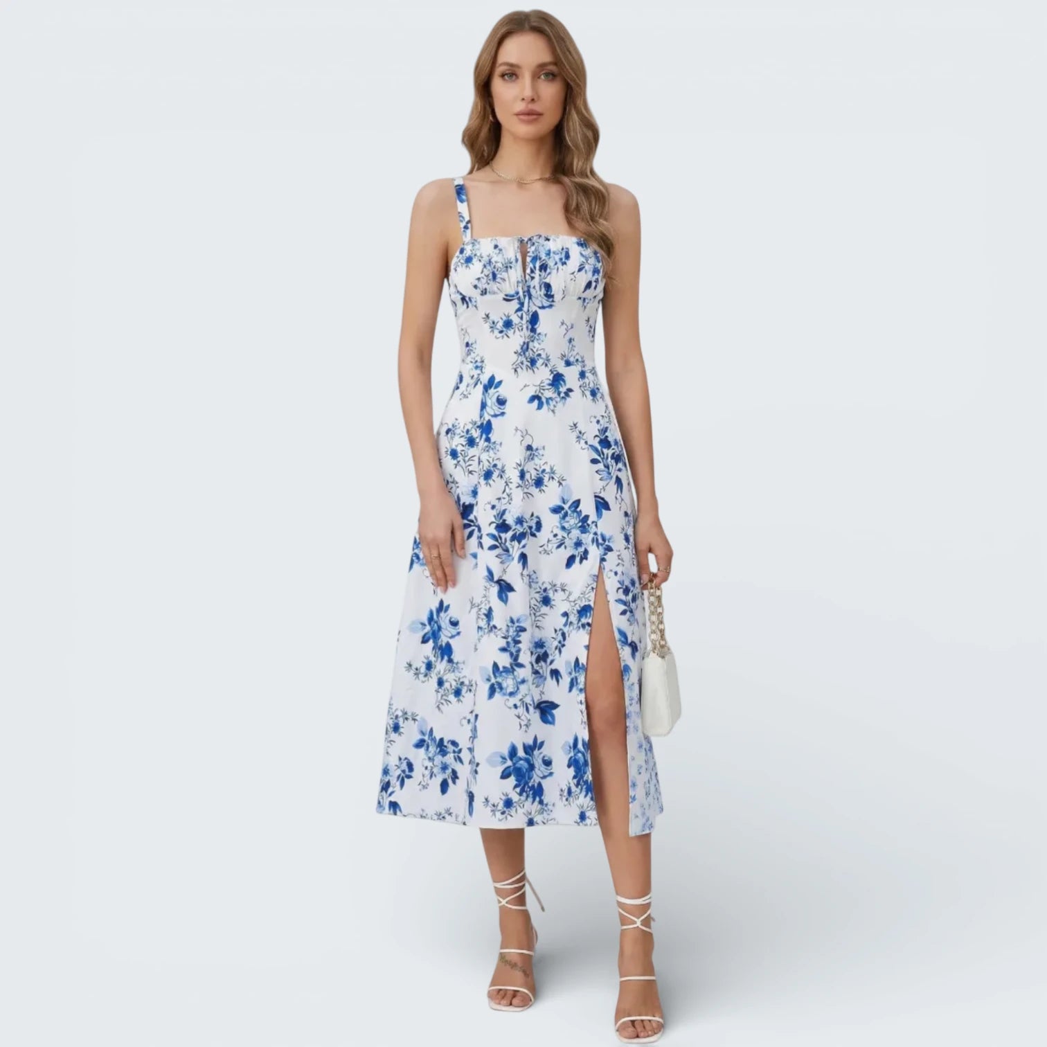 Robe Midi Fleurie Style Corset - Robe d'Été Romantique avec Fente Latérale
