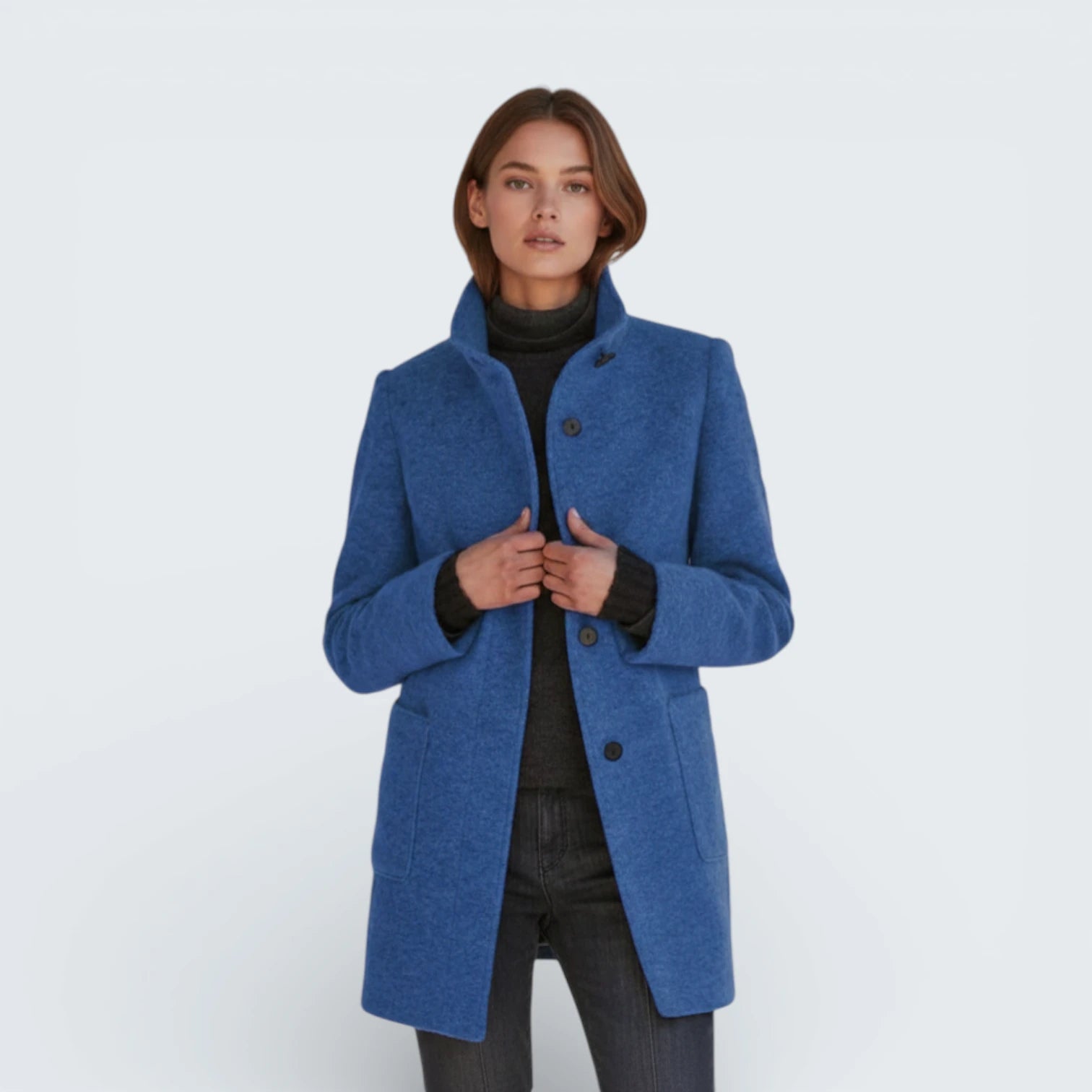 Manteau Midi Effet Laine avec Col Montant - Caban Élégant aux Boutons Contrastés