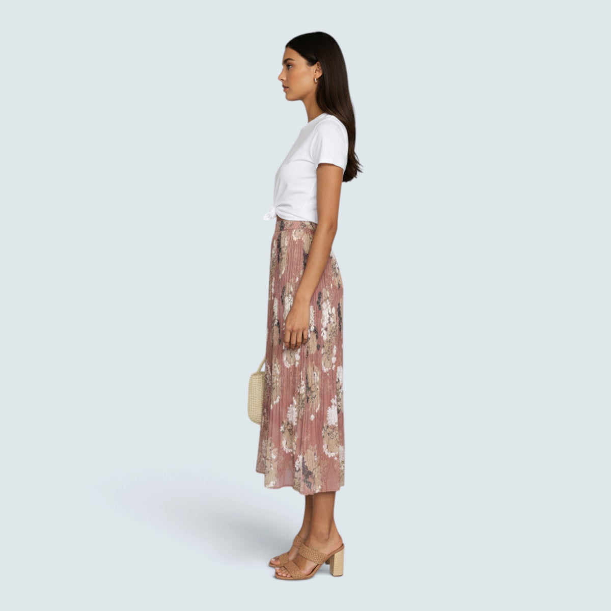 Jupe Midi Plissée à Imprimé Floral – Taille Élastique et Style Bohème