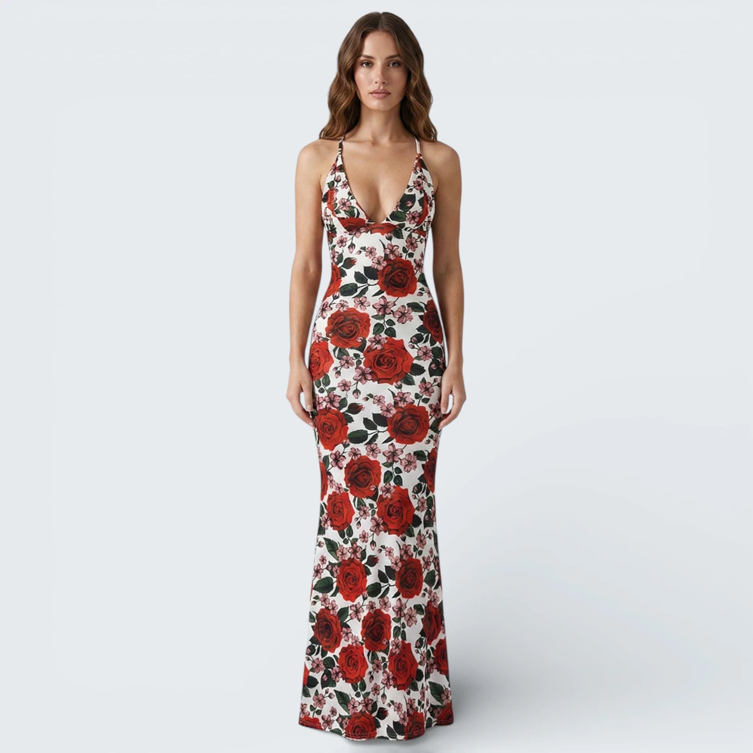 Robe Longue Fleurie à Roses Rouges - Robe de Soirée Dos Nu Croisé