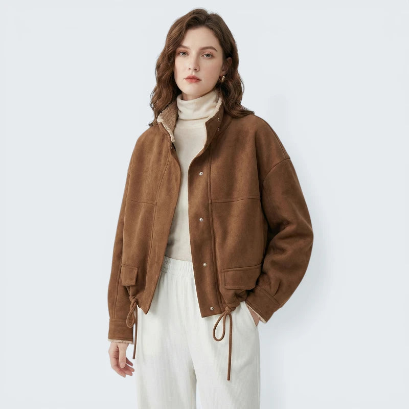 Veste Courte en Suédine avec Moumoute - Blouson Style Aviateur Douillet