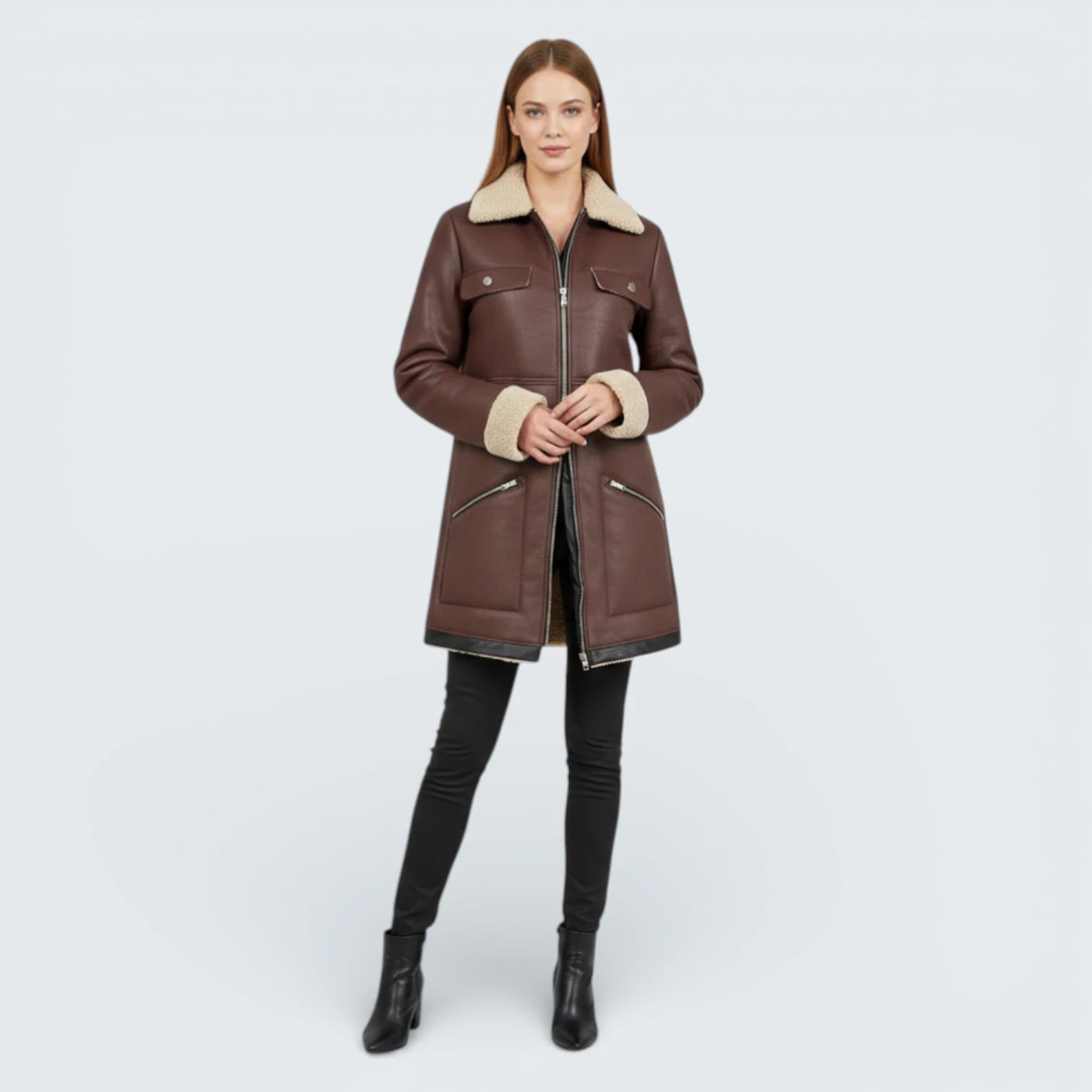 Manteau Long Aviateur "Aspen" en Peau Lainée - Parka Élégante avec Intérieur Moumoute