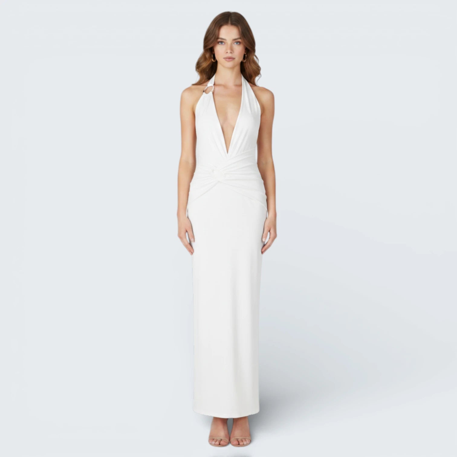 Robe Longue de Soirée à Col Halter - Robe de Gala Drapée avec Décolleté Plongeant