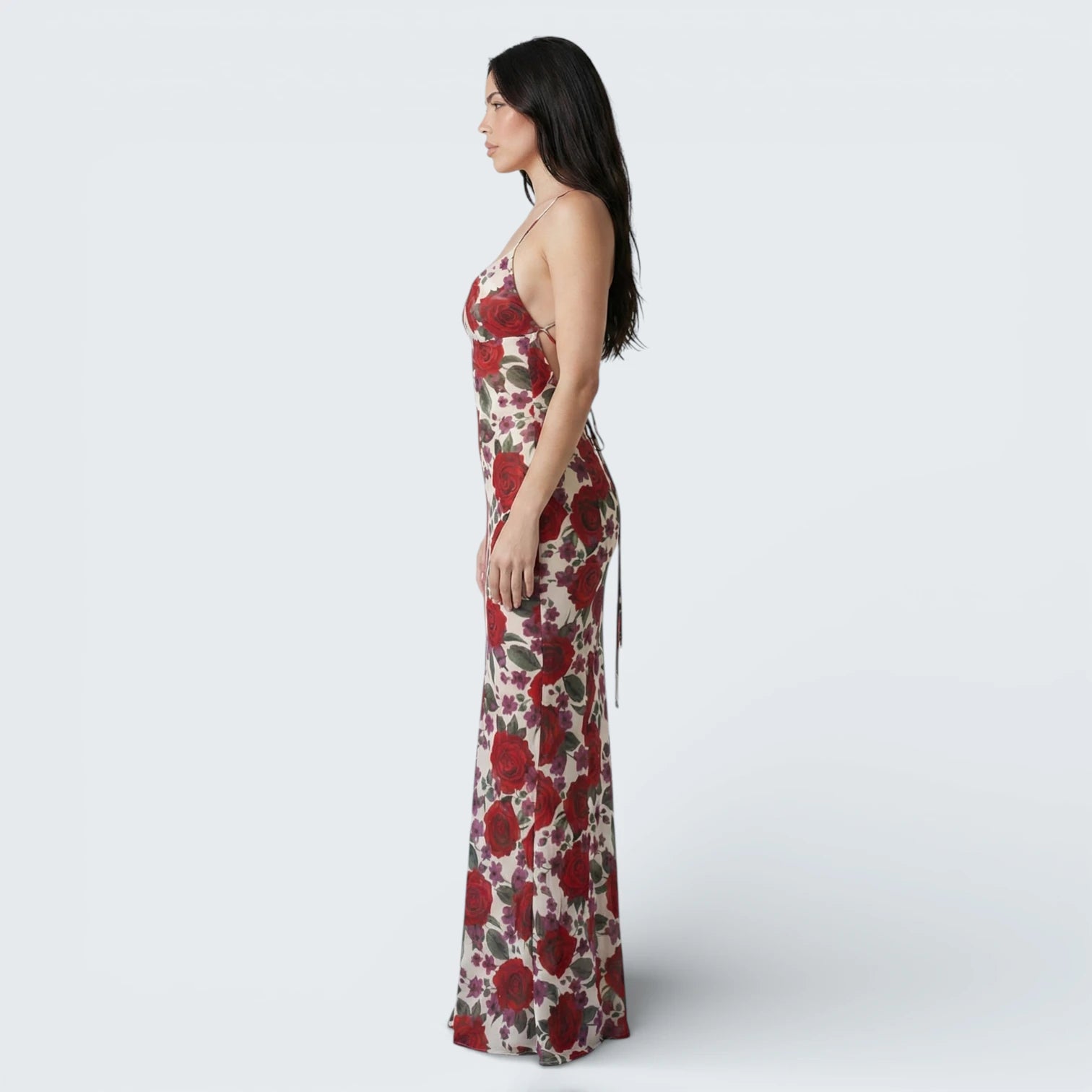 Robe Longue Fleurie à Roses Rouges - Robe de Soirée Dos Nu Croisé