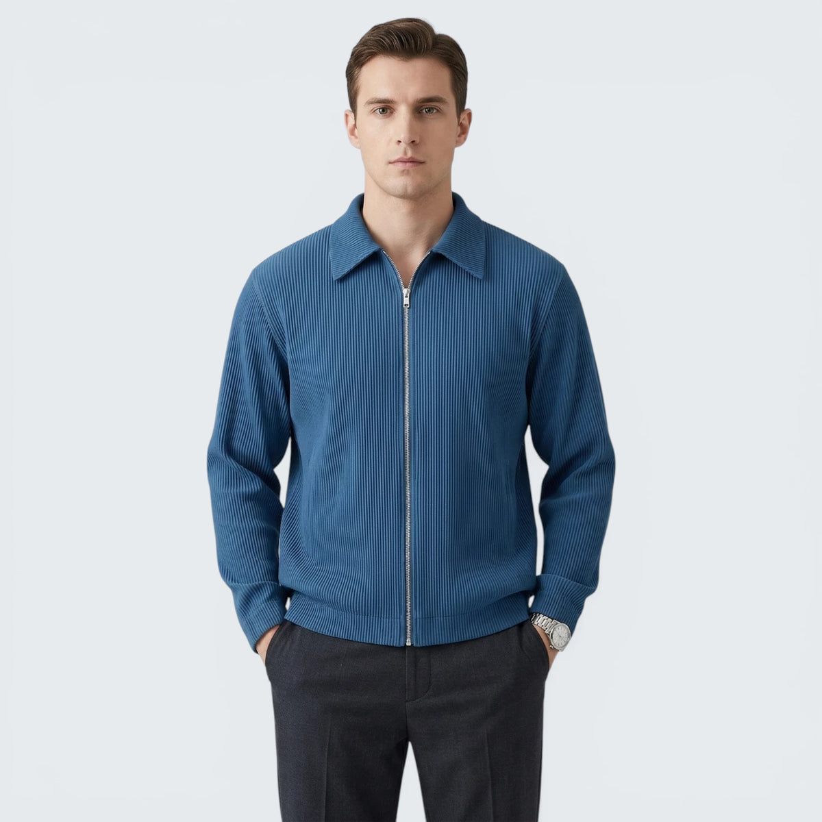 Veste Légère Texturée à Rayures Verticales – Col Polo et Fermeture Éclair