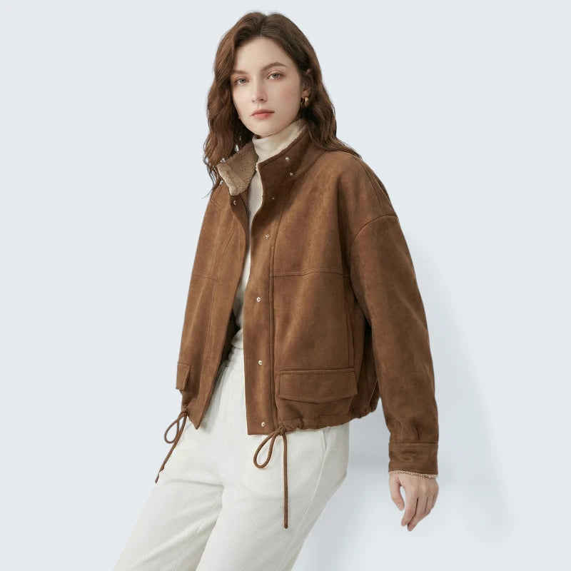 Veste Courte en Suédine avec Moumoute - Blouson Style Aviateur Douillet