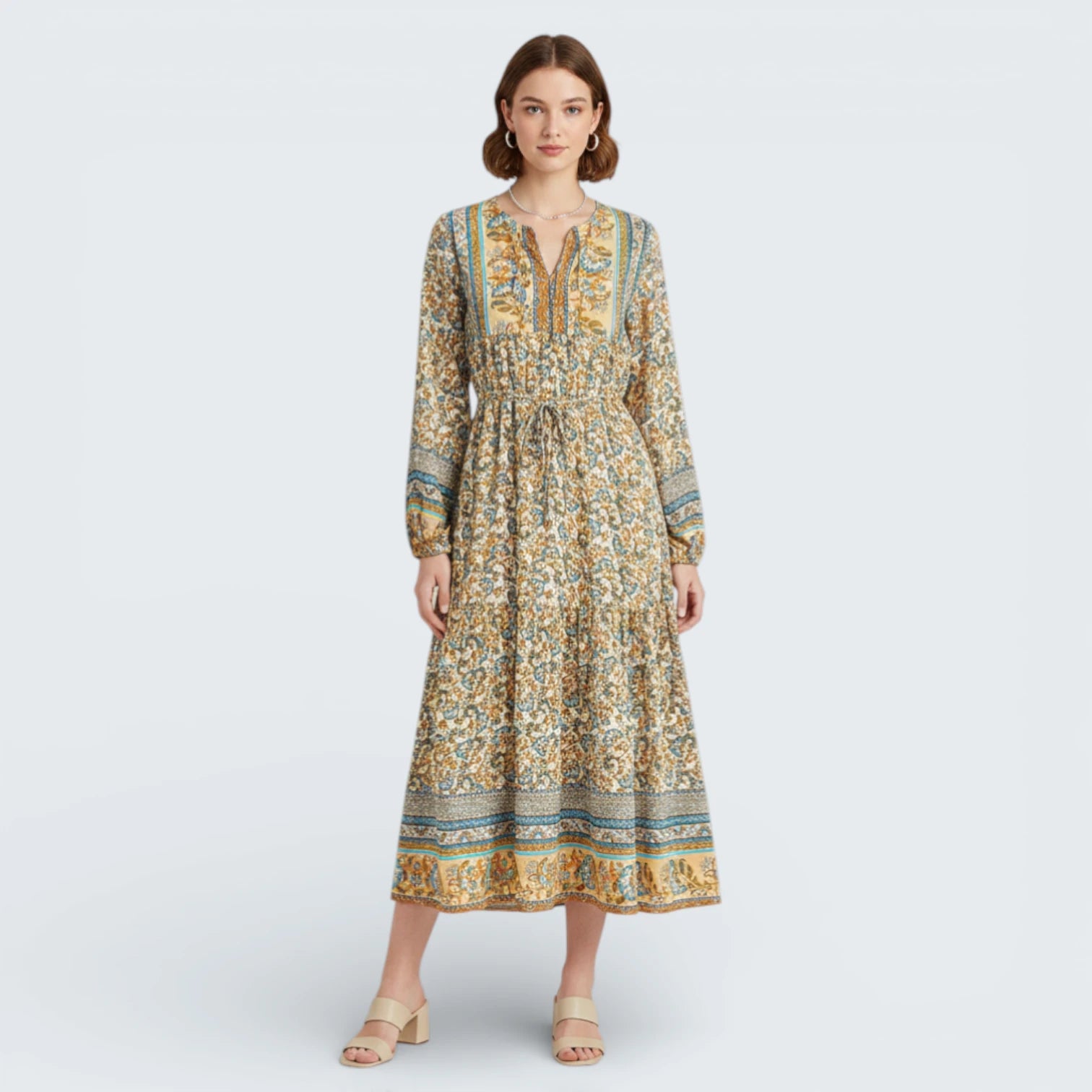 Robe Midi Fleurie Style Boho Chic - Robe Fluide à Manches Longues et Taille Élastique