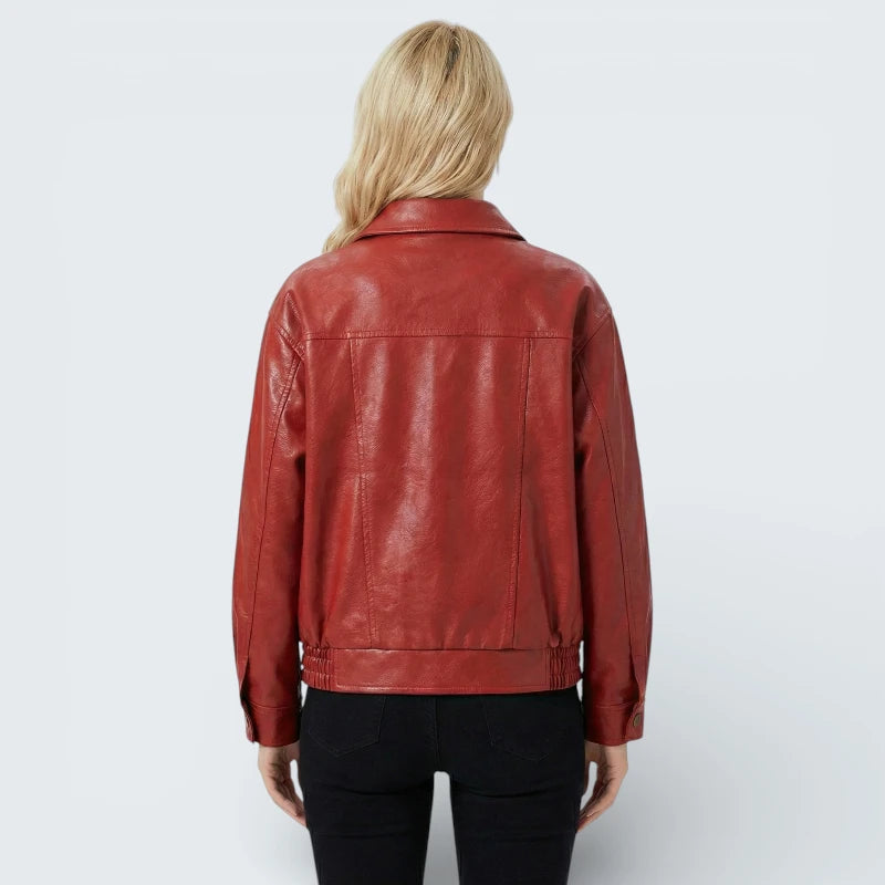 Blouson Bomber Effet Cuir Rouge - Veste Rétro avec Finitions Élastiques