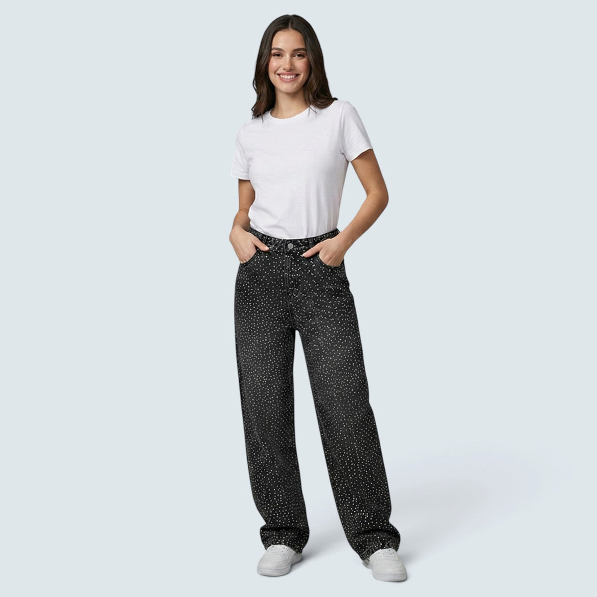 Jean Wide Leg "Pluie de Strass" – Denim Droit à Finition Bijou