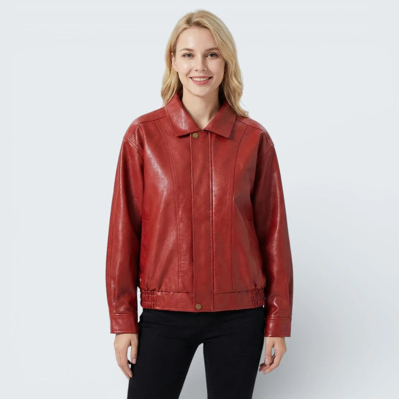 Blouson Bomber Effet Cuir Rouge - Veste Rétro avec Finitions Élastiques