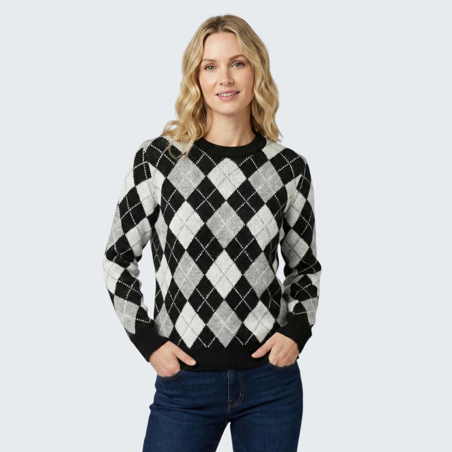 Pull en Maille à Motifs Losanges "Argyle" - Tricot Style Preppy Classique