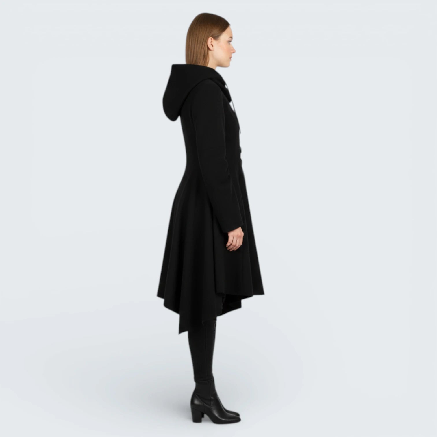 Manteau Asymétrique "Fit & Flare" à Col Montant - Manteau Évasé Élégant avec Capuche