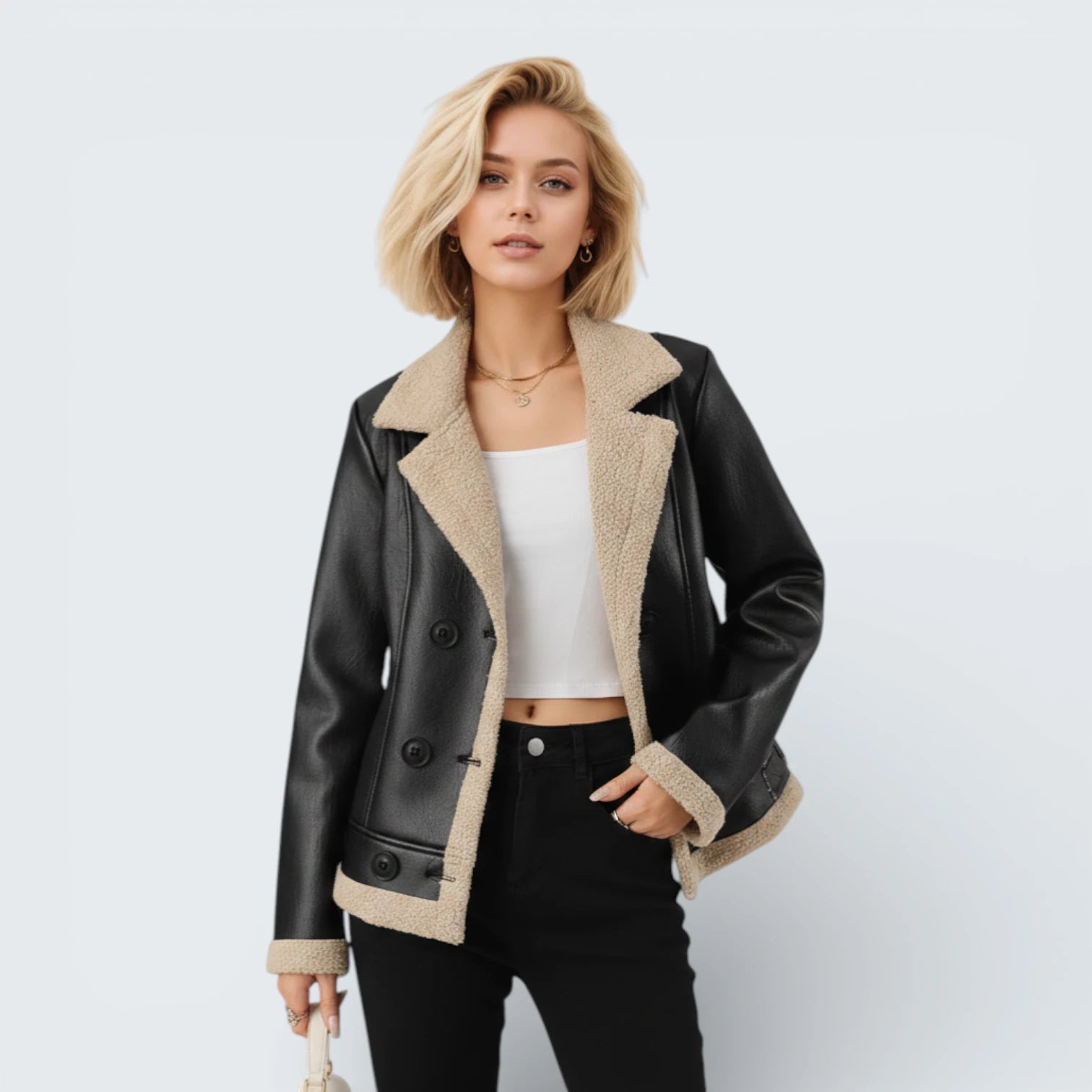 Blouson Aviateur Effet Cuir et Moumoute - Veste Biker Chaude avec Col à Boucle