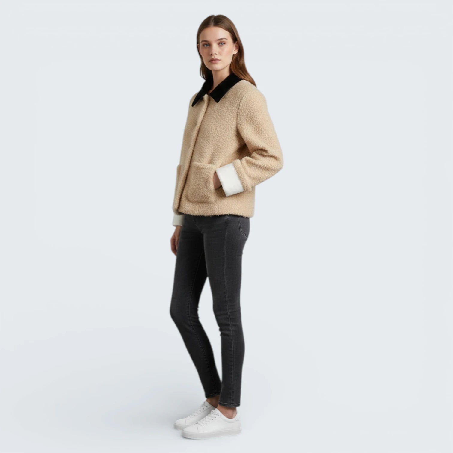 Veste Courte Texturée bicolore - Veste Chic en Moumoute avec Col Contraste