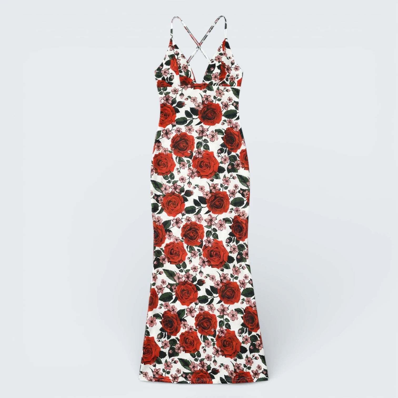 Robe Longue Fleurie à Roses Rouges - Robe de Soirée Dos Nu Croisé