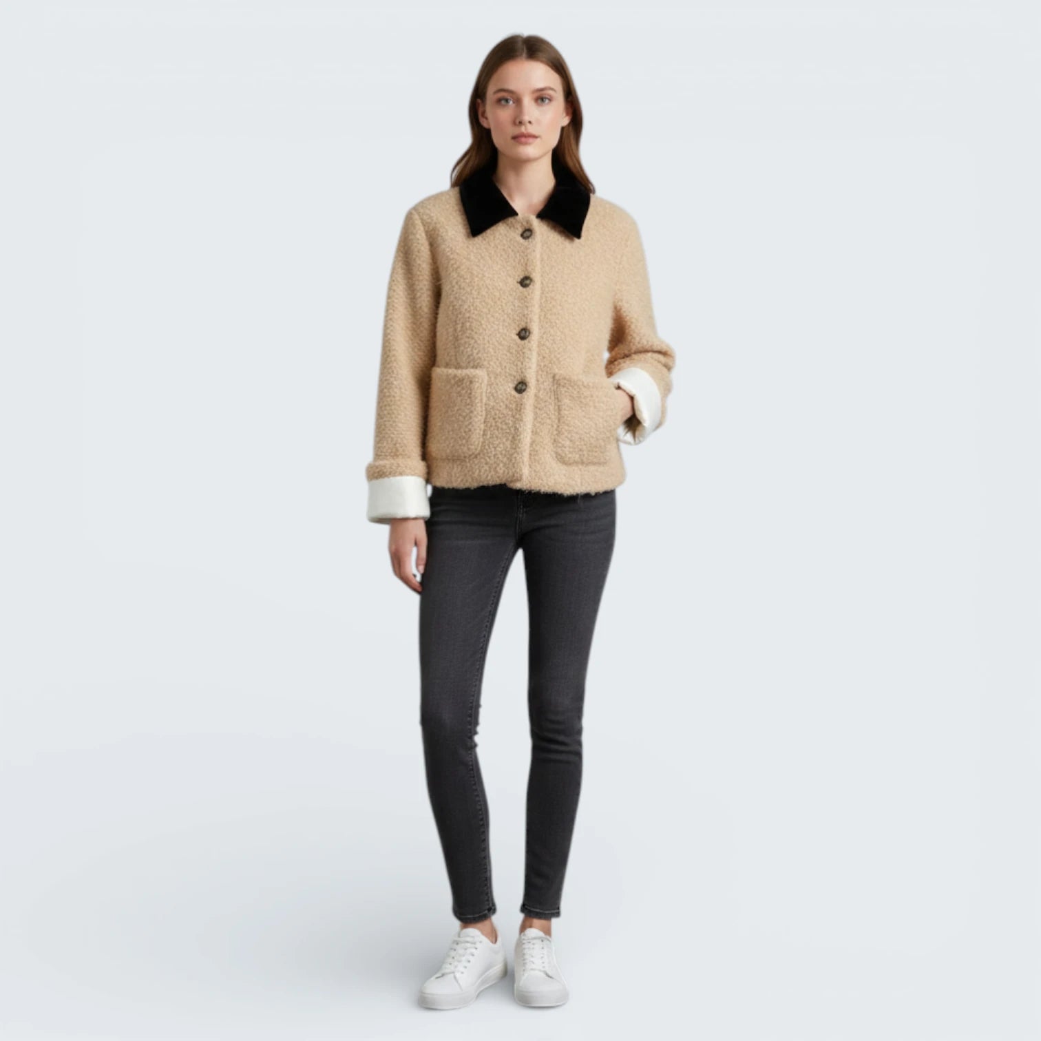 Veste Courte Texturée bicolore - Veste Chic en Moumoute avec Col Contraste