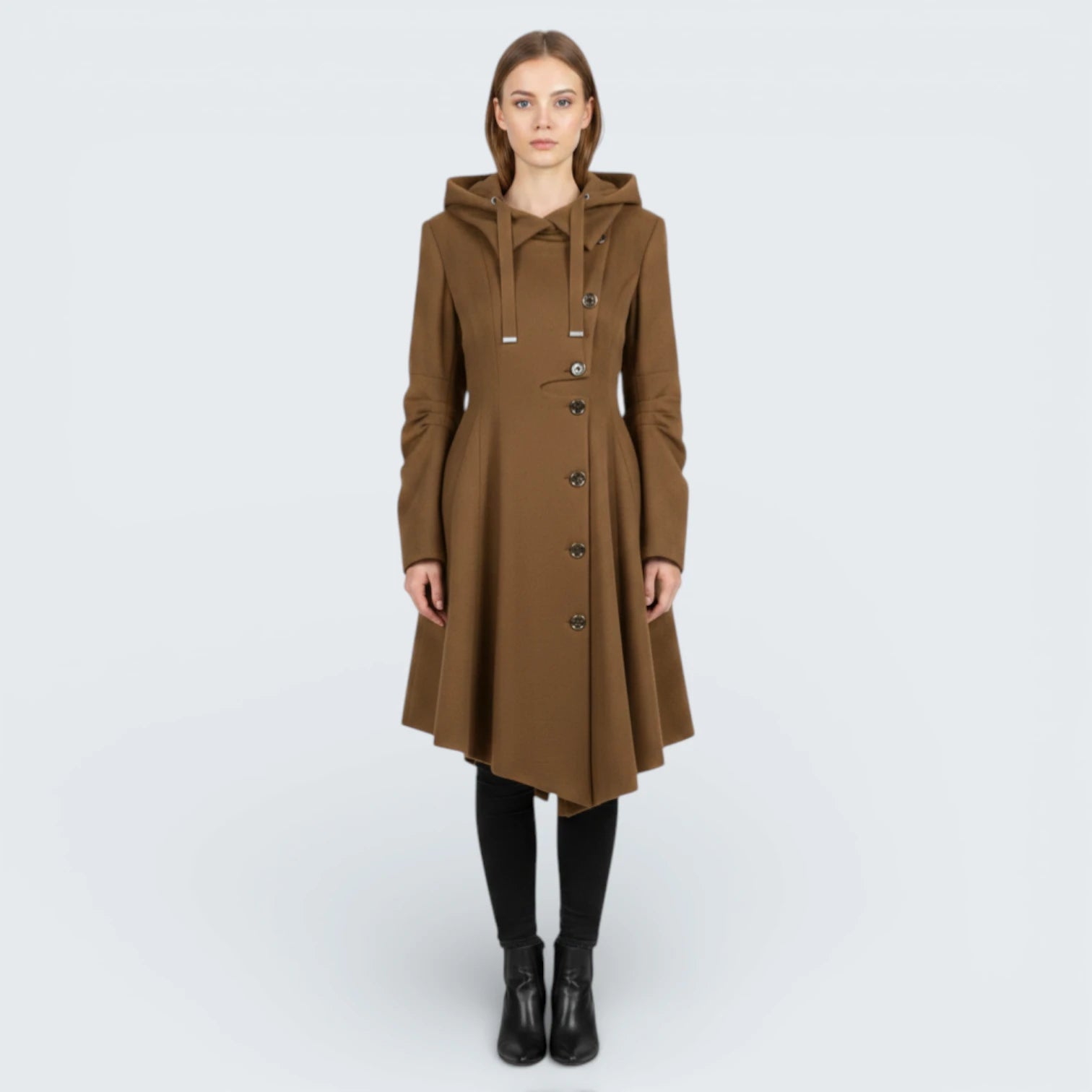 Manteau Asymétrique "Fit & Flare" à Col Montant - Manteau Évasé Élégant avec Capuche