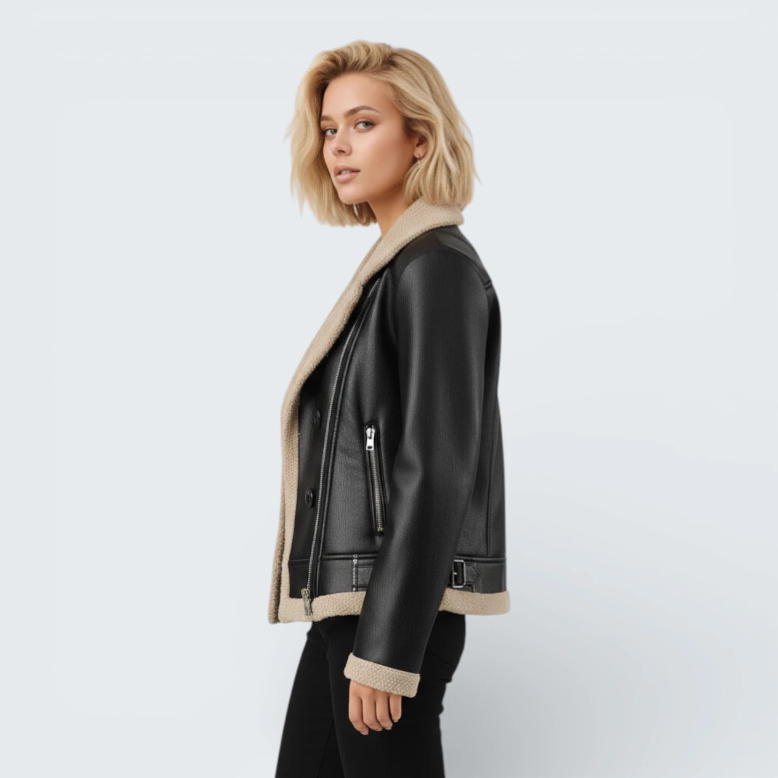 Blouson Aviateur Effet Cuir et Moumoute - Veste Biker Chaude avec Col à Boucle