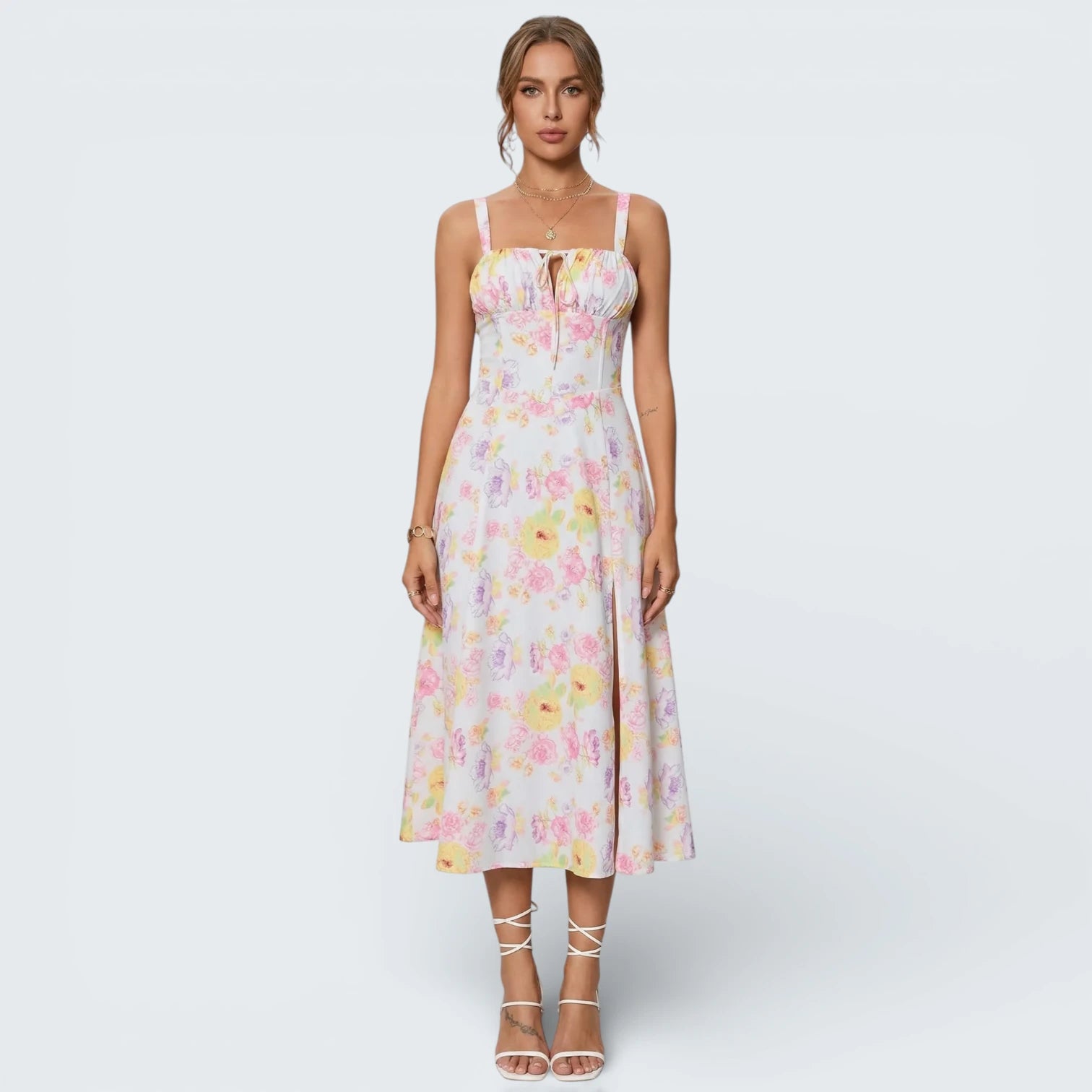 Robe Midi Fleurie Style Corset - Robe d'Été Romantique avec Fente Latérale
