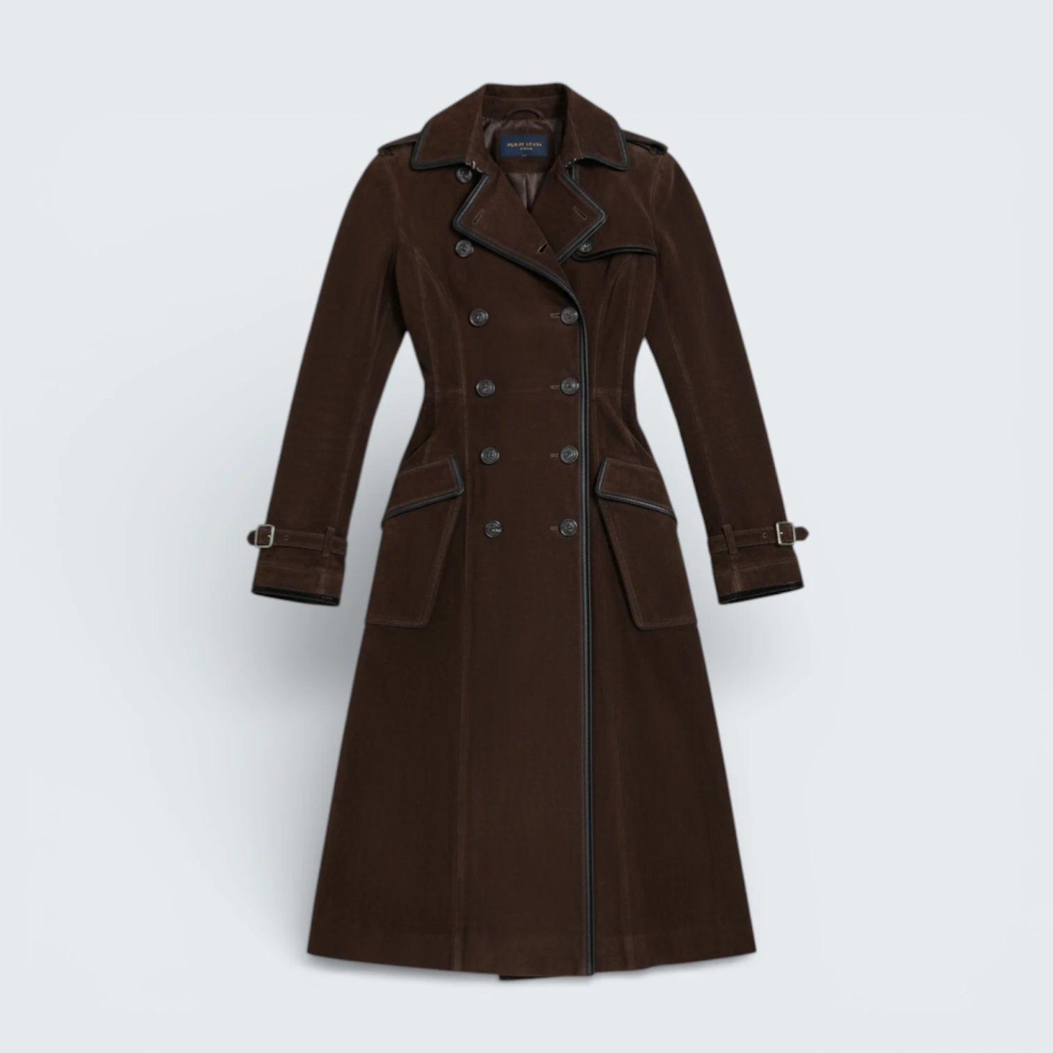 Trench-Coat Long Effet Daim avec Liserés Contrastants - Gabardine Élégante à Double Boutonnage