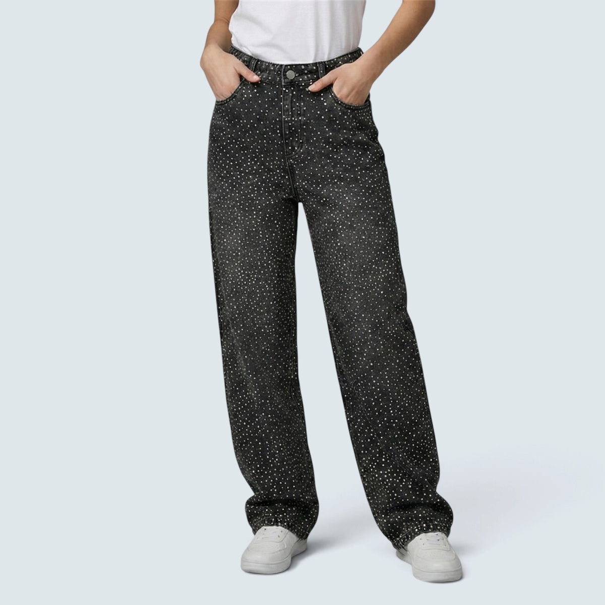 Jean Wide Leg "Pluie de Strass" – Denim Droit à Finition Bijou