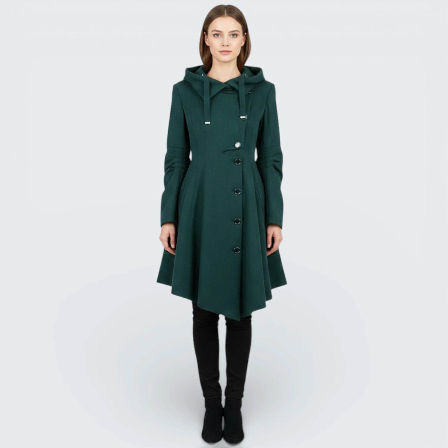 Manteau Asymétrique "Fit & Flare" à Col Montant - Manteau Évasé Élégant avec Capuche