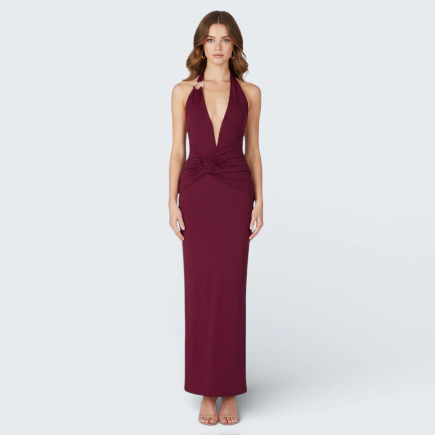 Robe Longue de Soirée à Col Halter - Robe de Gala Drapée avec Décolleté Plongeant