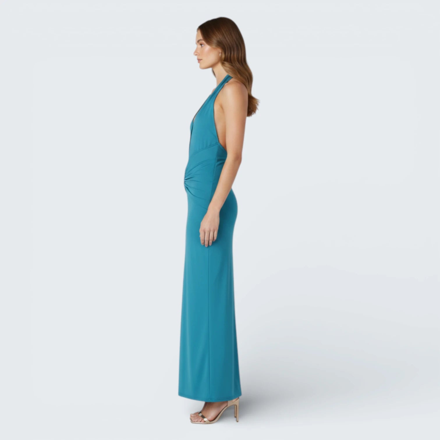 Robe Longue de Soirée à Col Halter - Robe de Gala Drapée avec Décolleté Plongeant