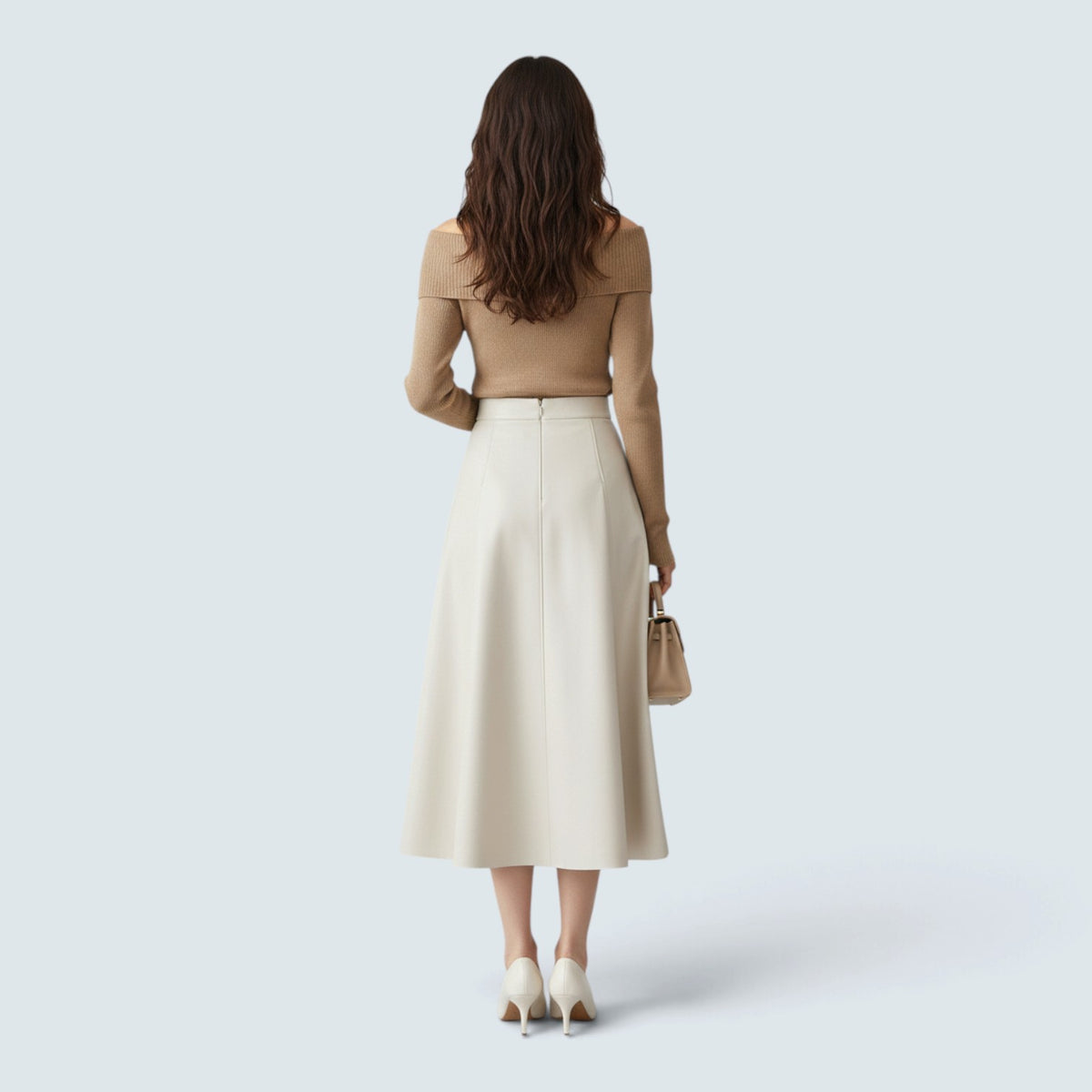 Jupe Midi Effet Cuir Taille Haute – Coupe Évasée Élégante