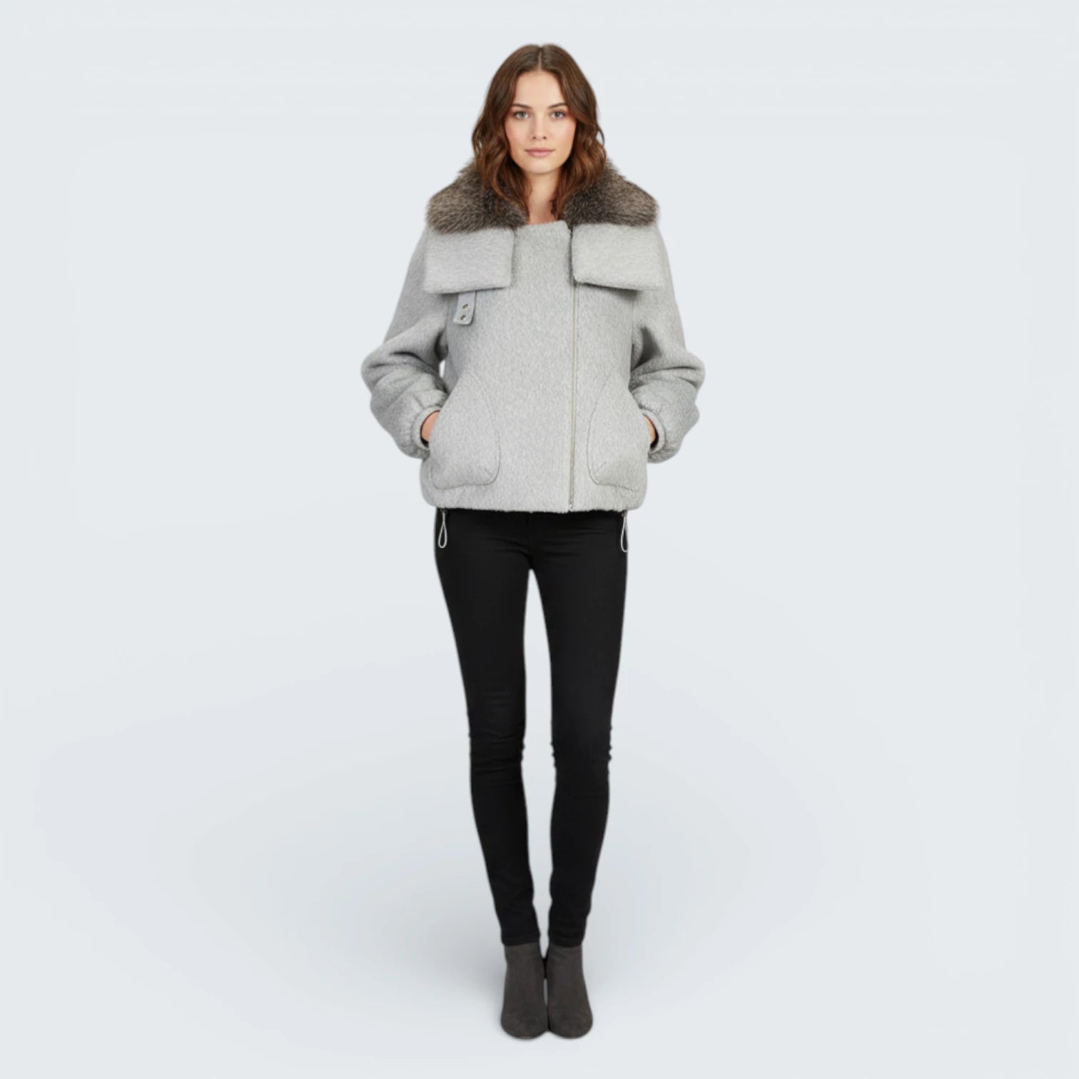 Veste Courte en Laine à Fermeture Asymétrique - Blouson Élégant avec Col en Fourrure