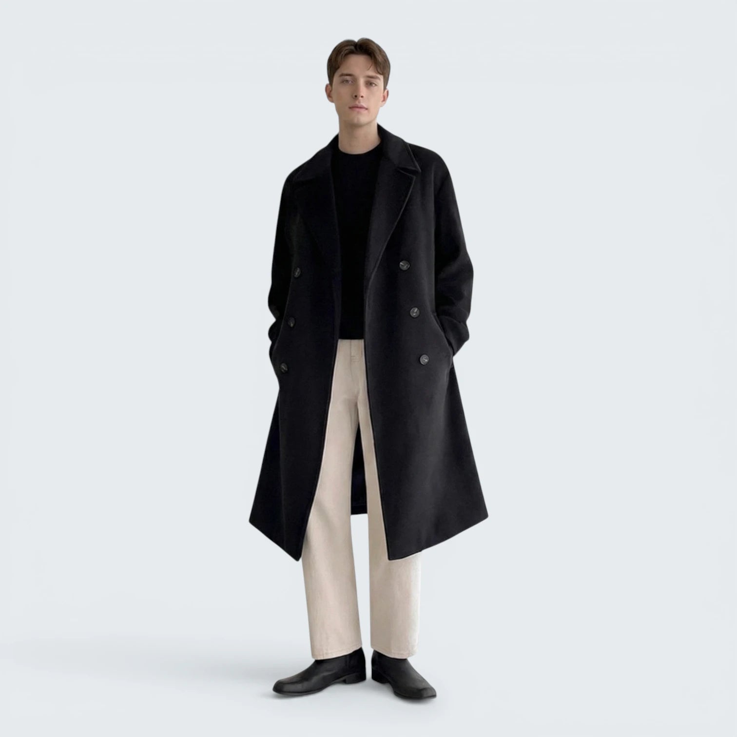 Manteau Long en Laine à Double Boutonnage – Silhouette Structurée et Élégance Classique