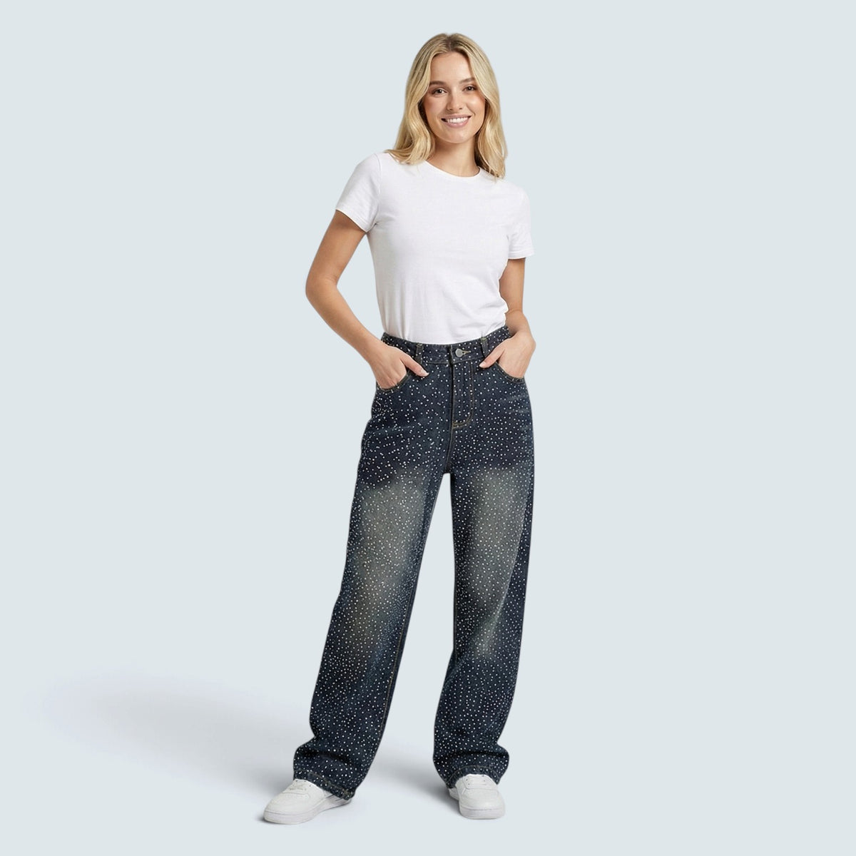 Jean Wide Leg "Pluie de Strass" – Denim Droit à Finition Bijou