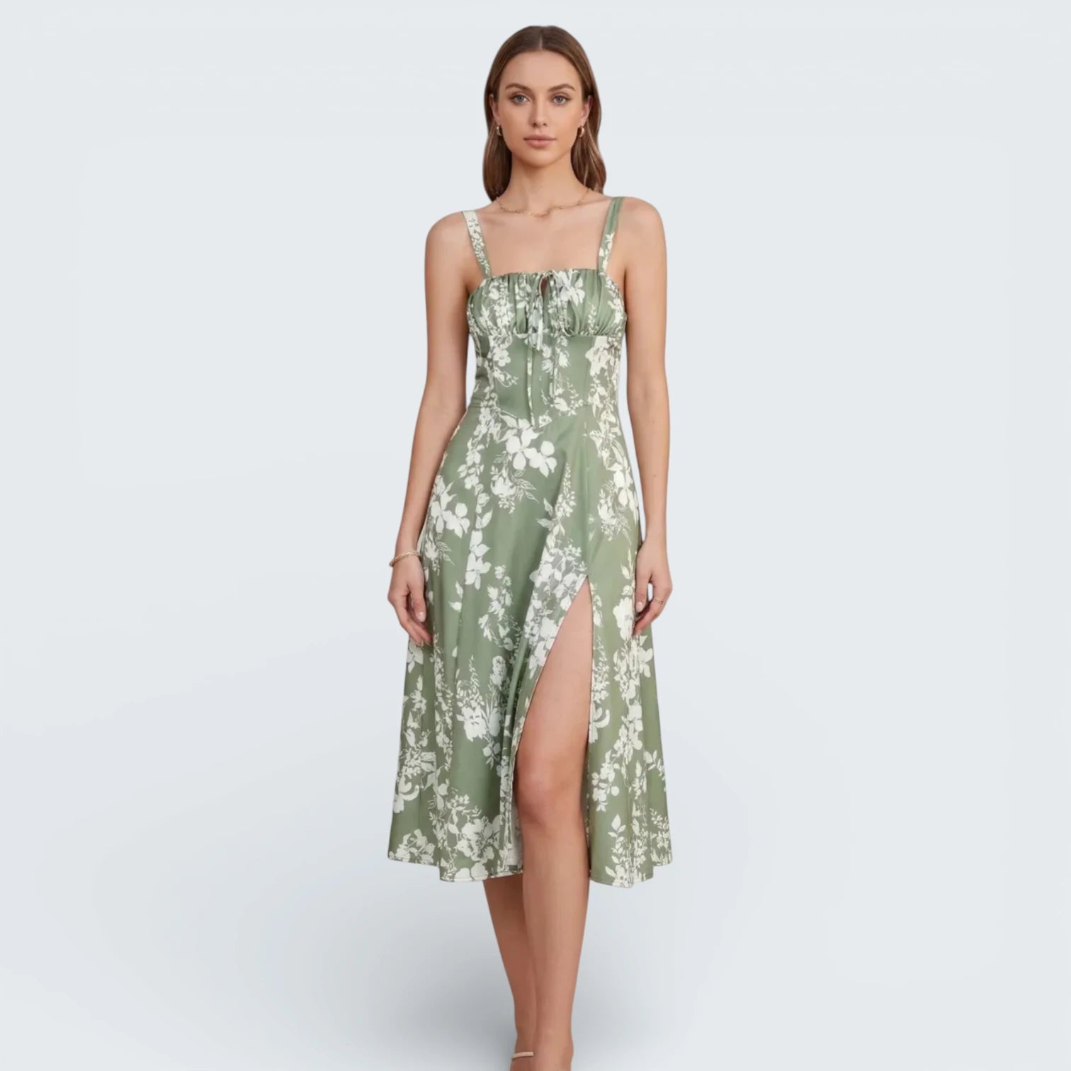Robe Midi Fleurie Style Corset - Robe d'Été Romantique avec Fente Latérale