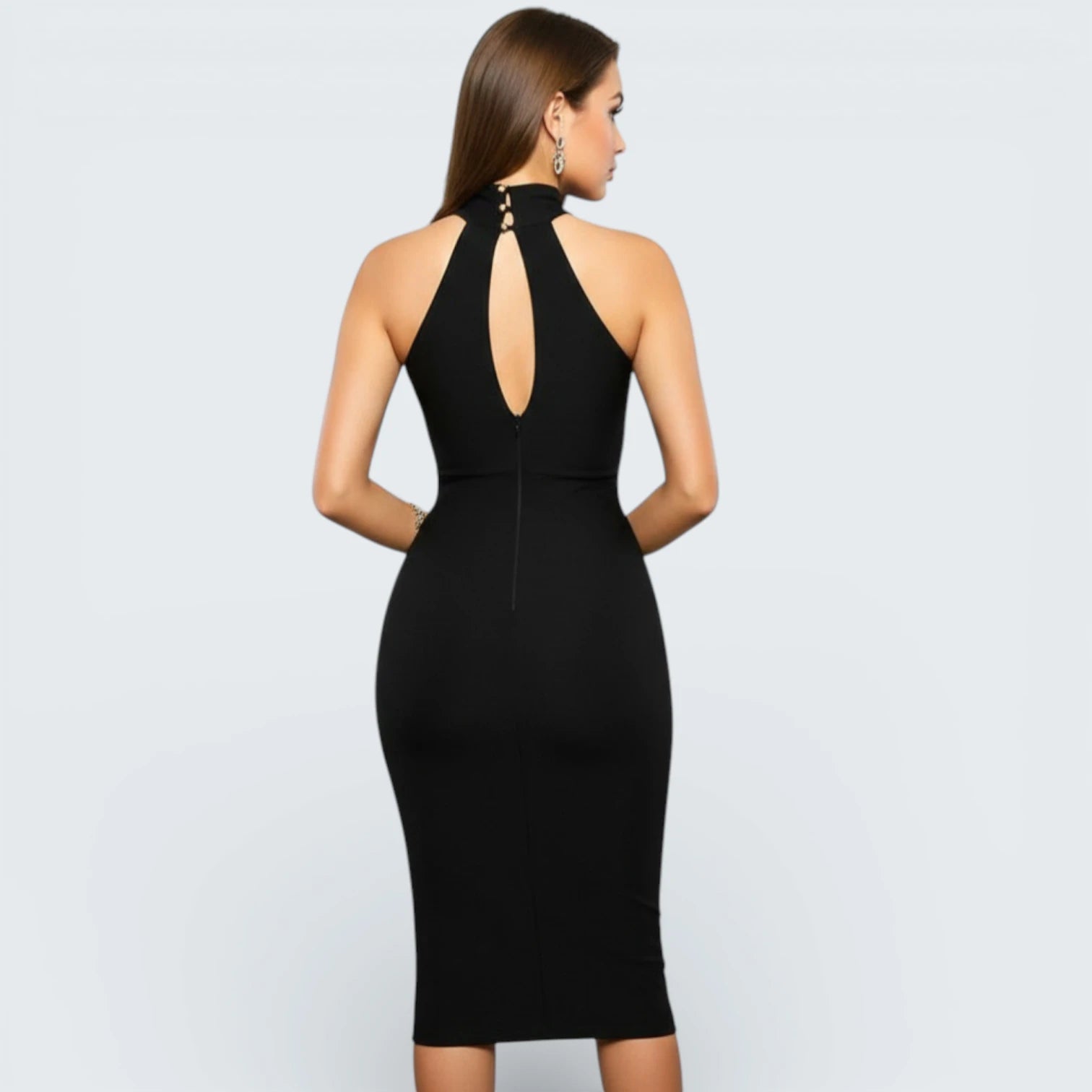 Robe Midi Noire à Col Halter - Robe de Soirée avec Décolleté Illusion
