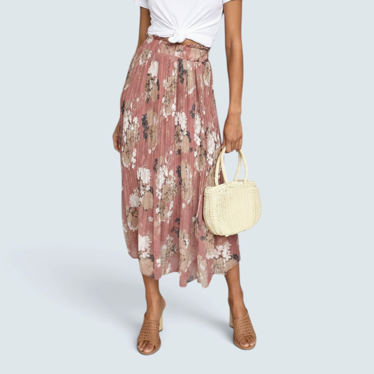 Jupe Midi Plissée à Imprimé Floral – Taille Élastique et Style Bohème