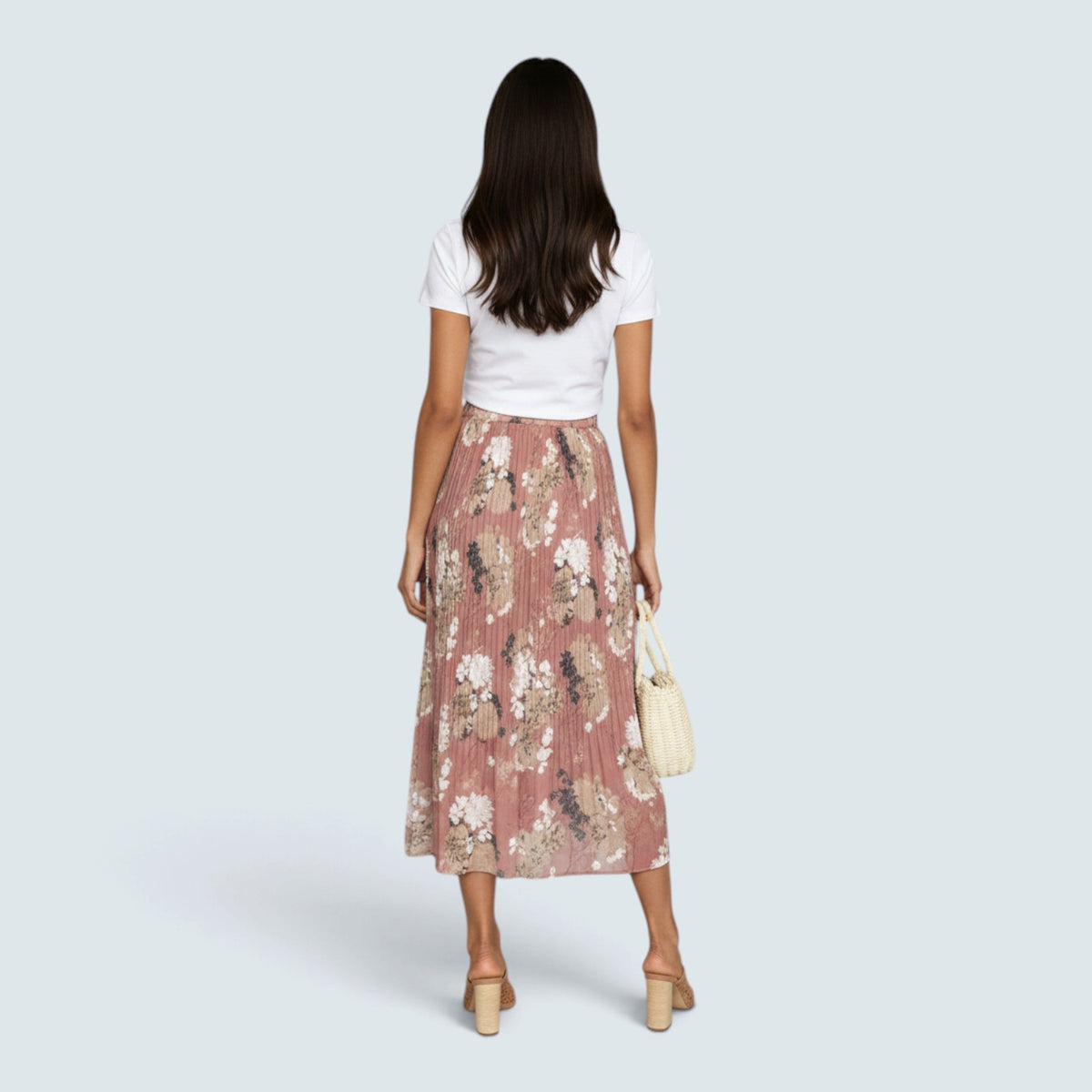 Jupe Midi Plissée à Imprimé Floral – Taille Élastique et Style Bohème