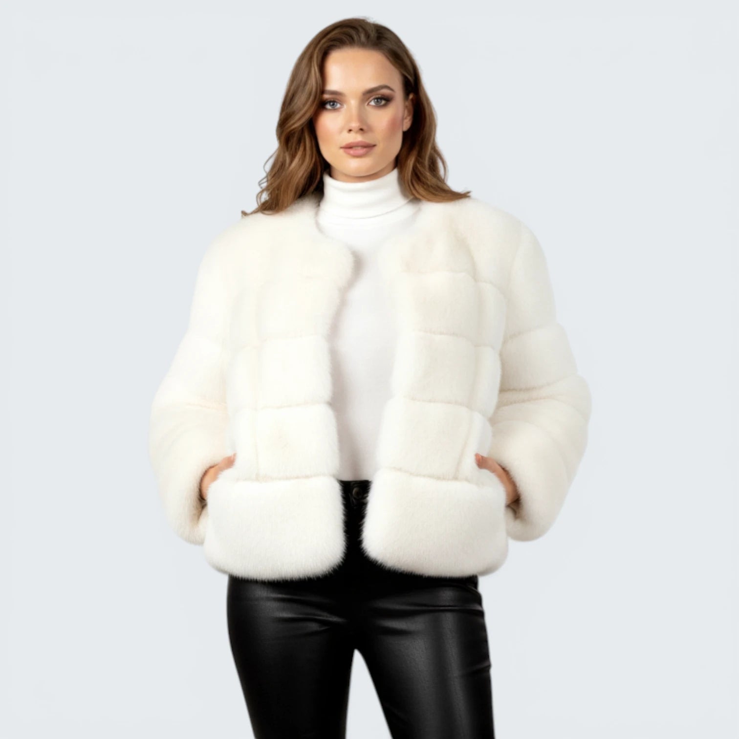 Veste Courte en Fausse Fourrure de Luxe - Manteau Chic Sans Col à Bandes Horizontales